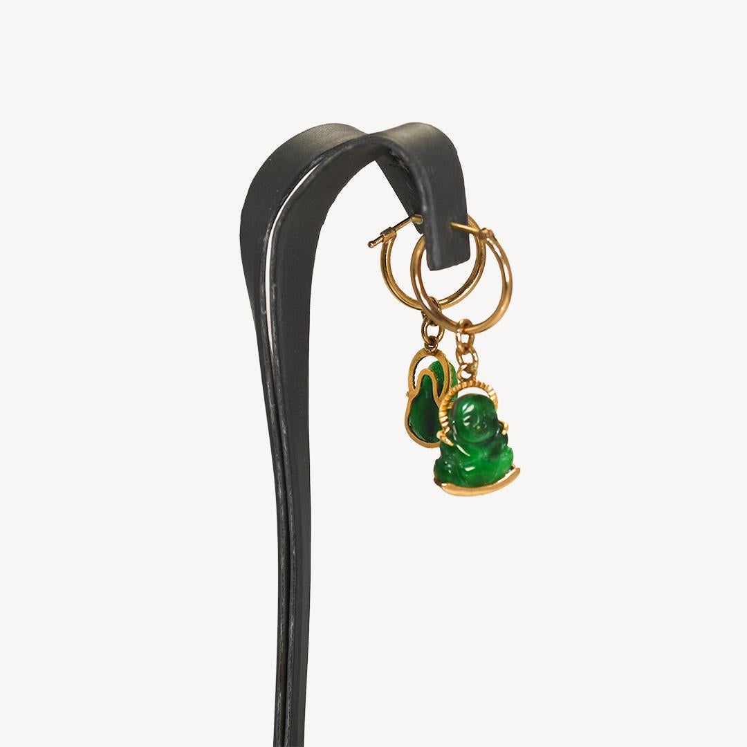 Uncut 18K Yellow Gold Buddha Green Jade Earrings For Sale