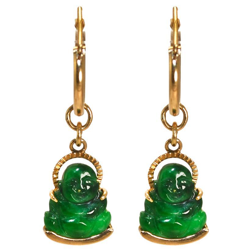18K Yellow Gold Buddha Green Jade Earrings For Sale