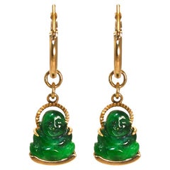 Retro 18K Yellow Gold Buddha Green Jade Earrings