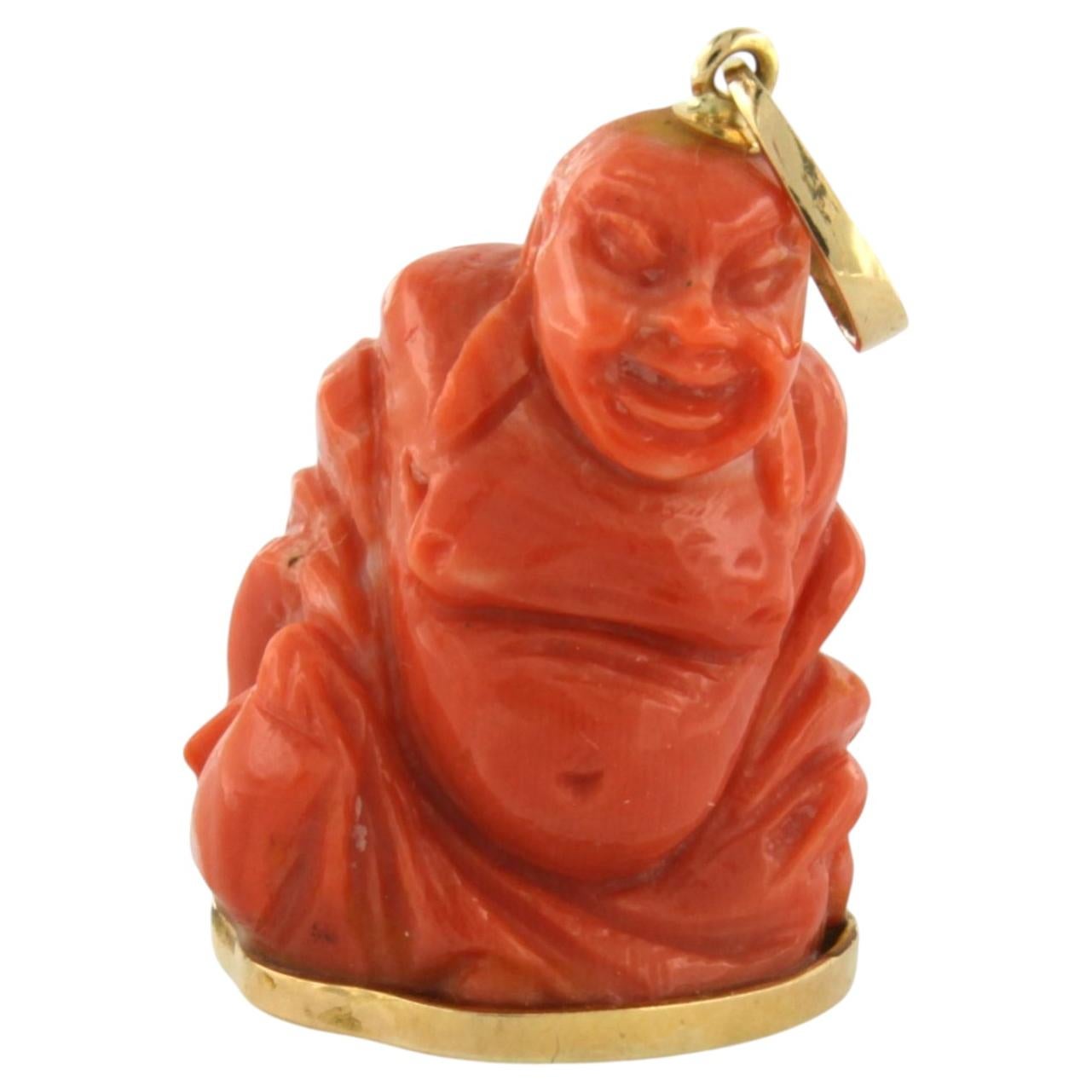 18K Yellow Gold Buddha Pendant with Coral, 13.6 grams For Sale