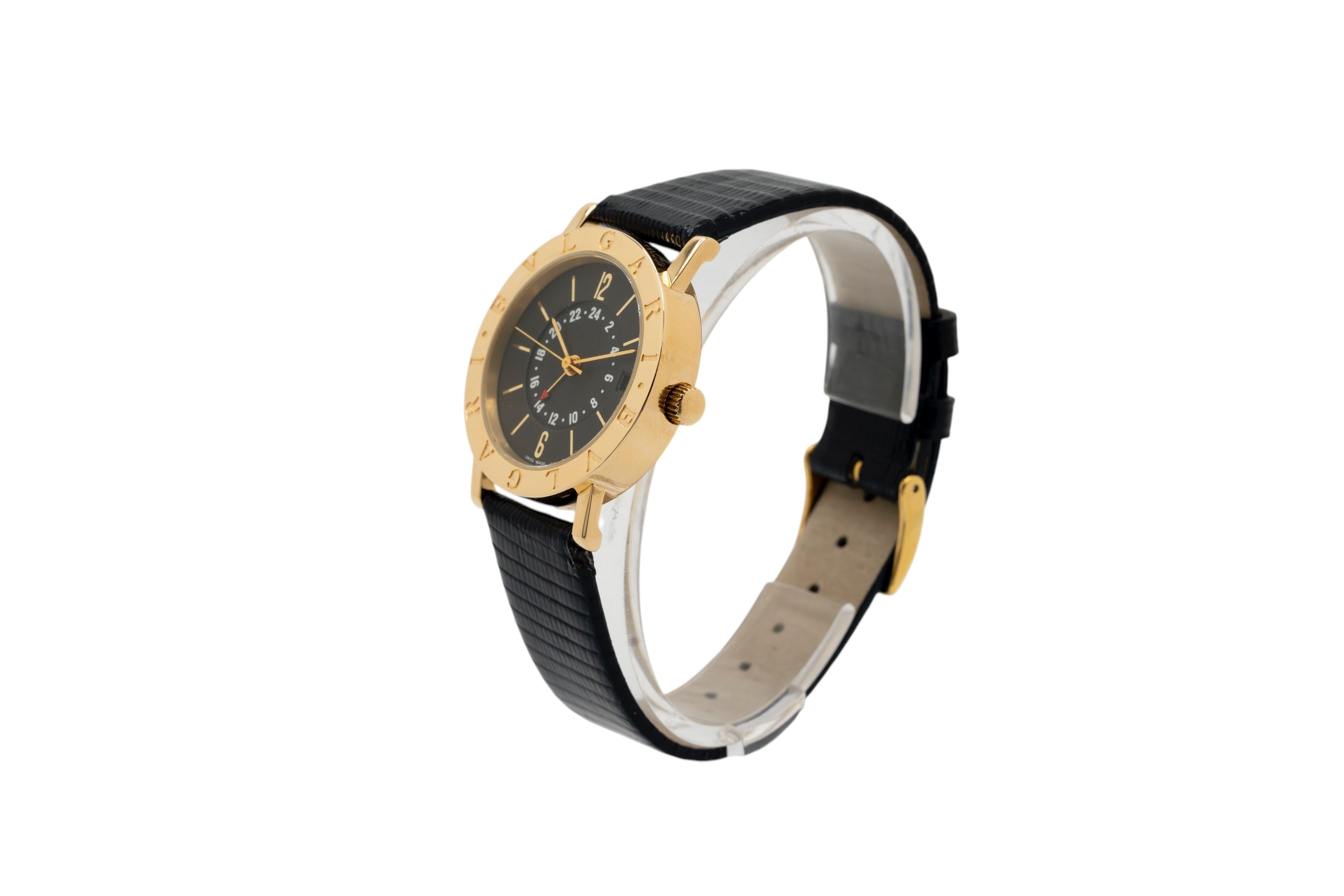 18k Yellow Gold Bulgari BB 33 GL GMT Automatic Watch Leather Strap In Excellent Condition For Sale In Boca Raton, FL
