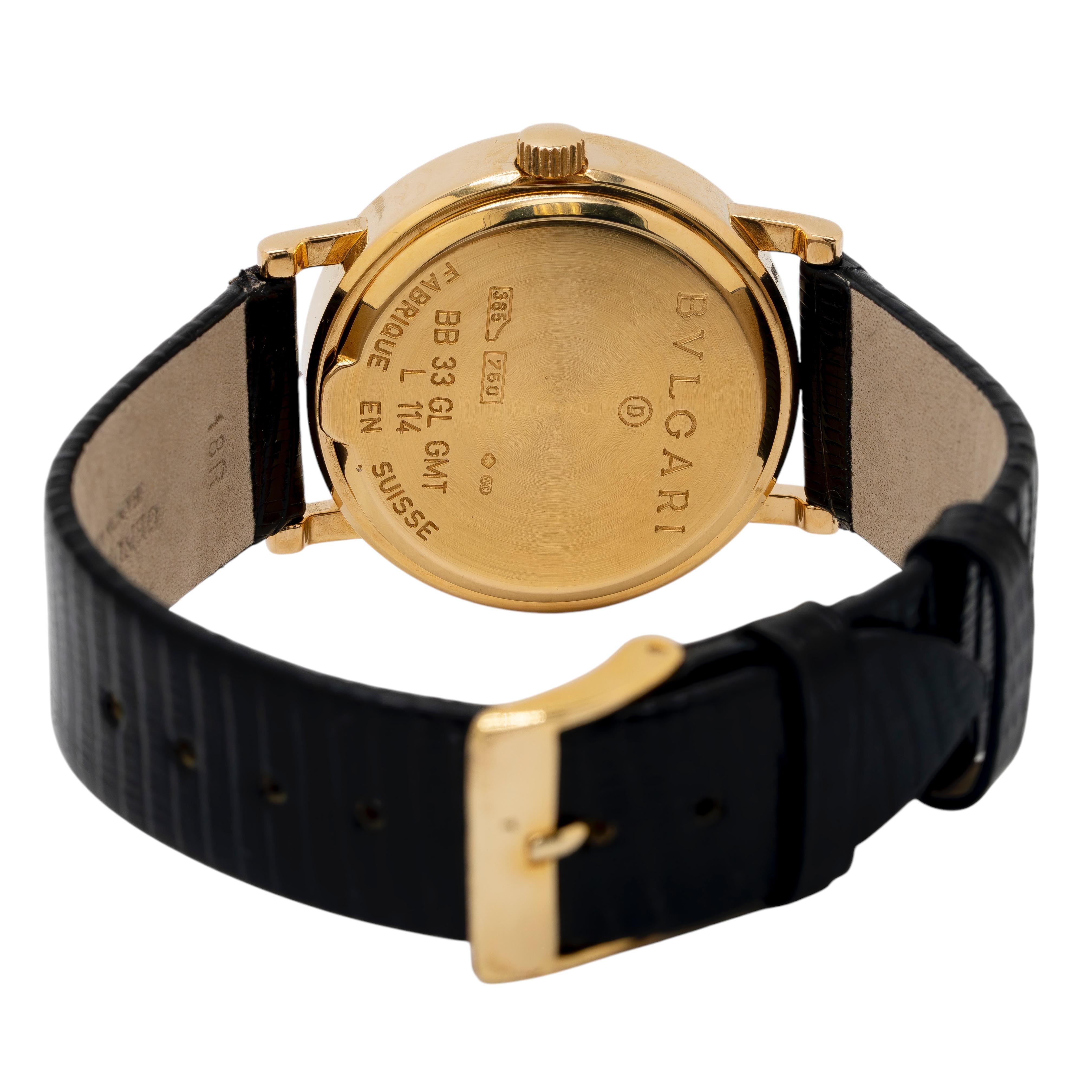 18k Yellow Gold Bulgari BB 33 GL GMT Automatic Watch Leather Strap For Sale 2