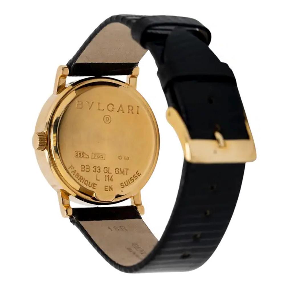 Women's or Men's 18k Yellow Gold Bulgari BB 33 GL GMT Automatic Watch Leather Strap For Sale