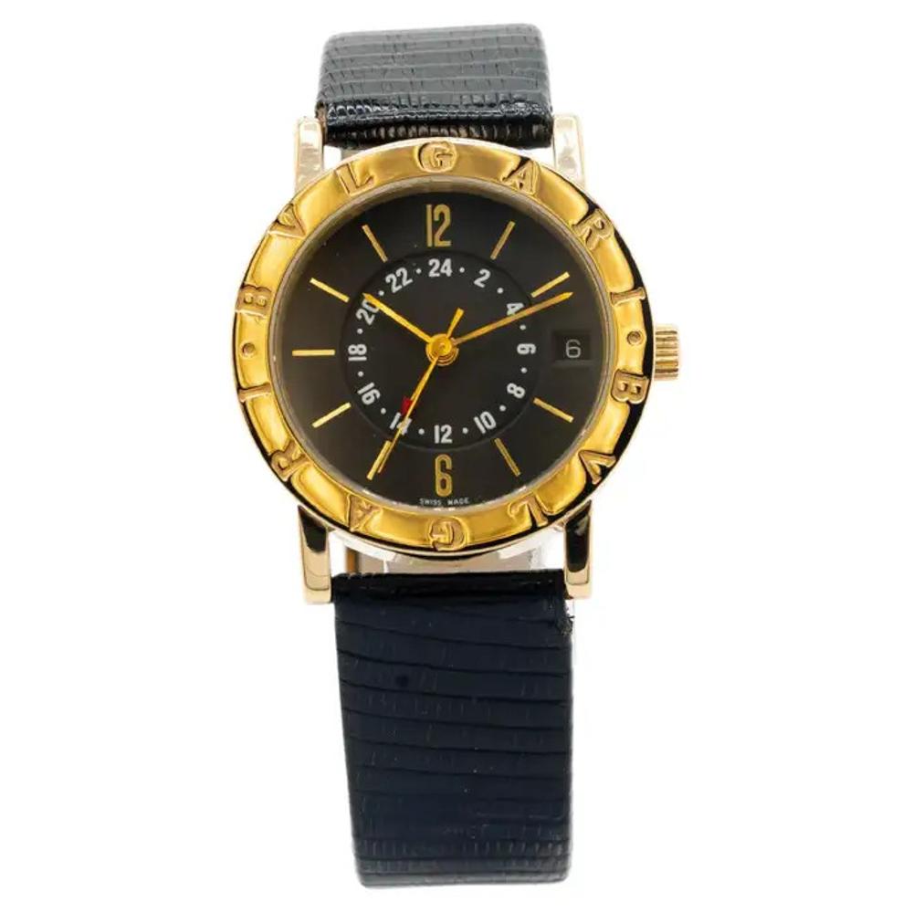 18k Yellow Gold Bulgari BB 33 GL GMT Automatic Watch Leather Strap For Sale 4