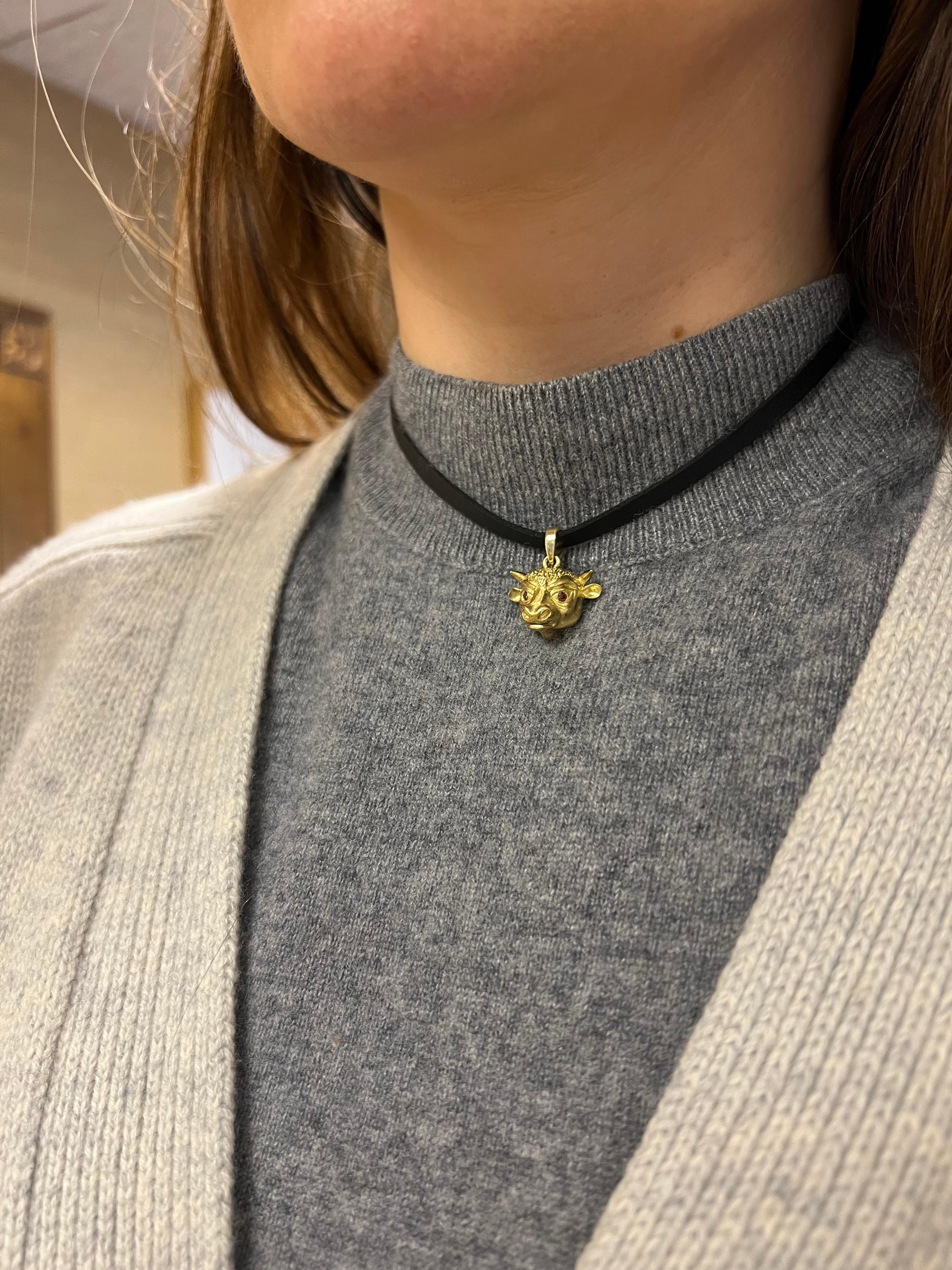 Women's or Men's 18k Yellow Gold Bull Pendant With Bronze Diamonds For Sale