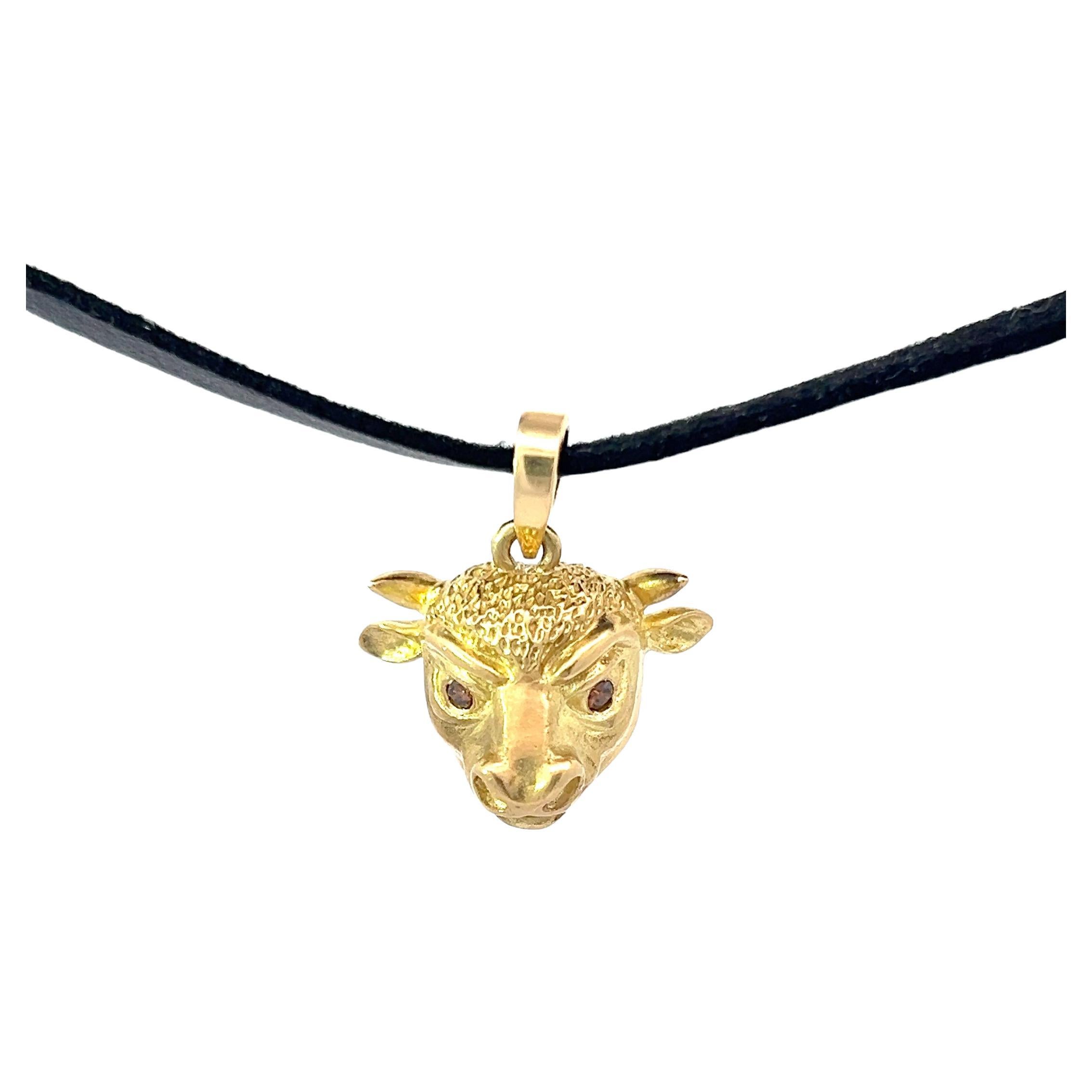 18k Yellow Gold Bull Pendant With Bronze Diamonds  For Sale