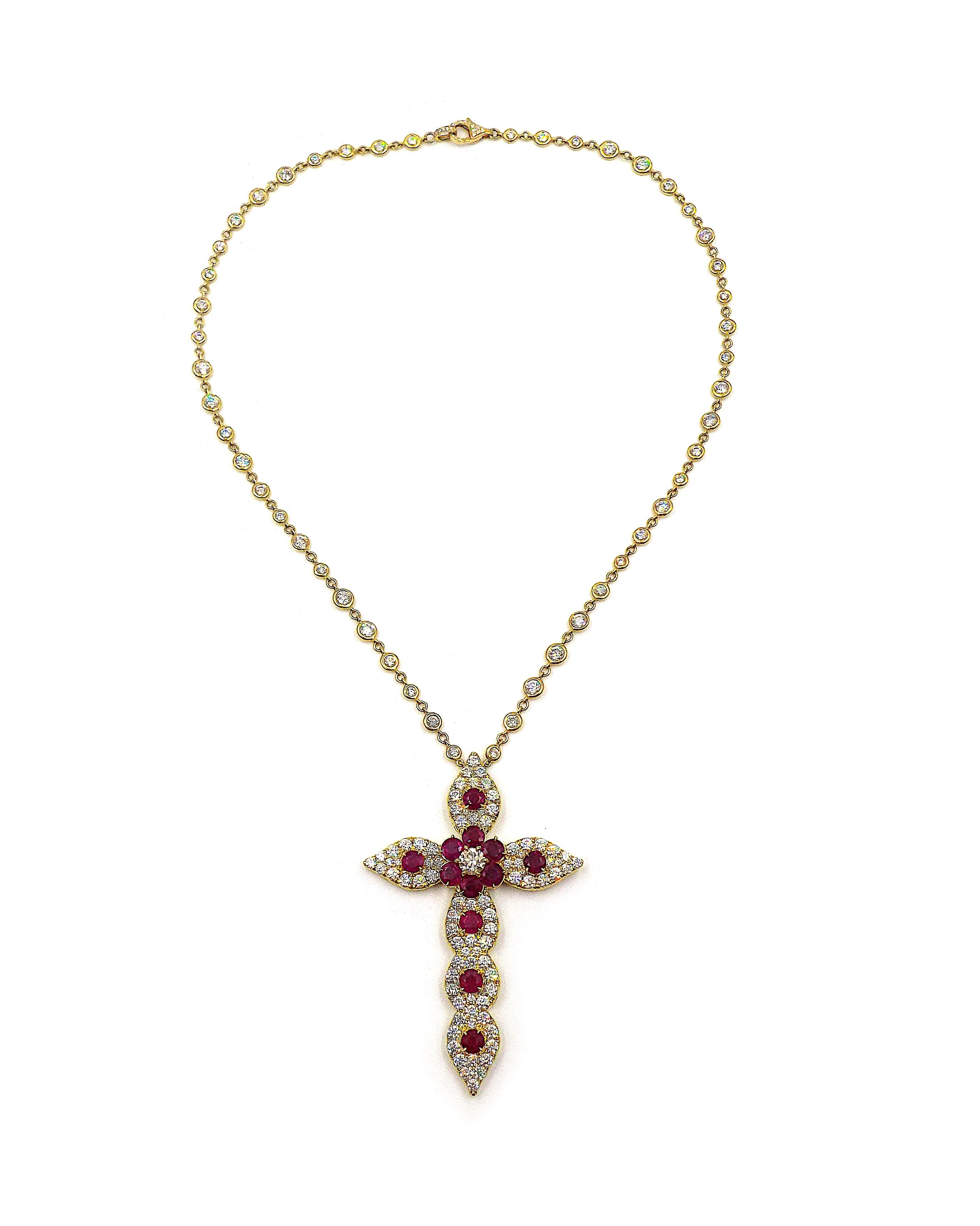 Round Cut 18K Yellow Gold Burma Ruby Diamond Chain Cross Pendant Necklace