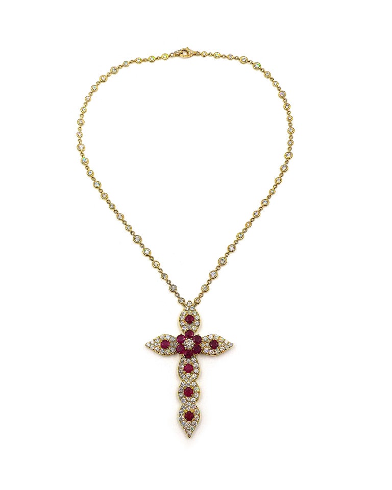 18K Yellow Gold Burma Ruby Diamond Chain Cross Pendant Necklace For ...