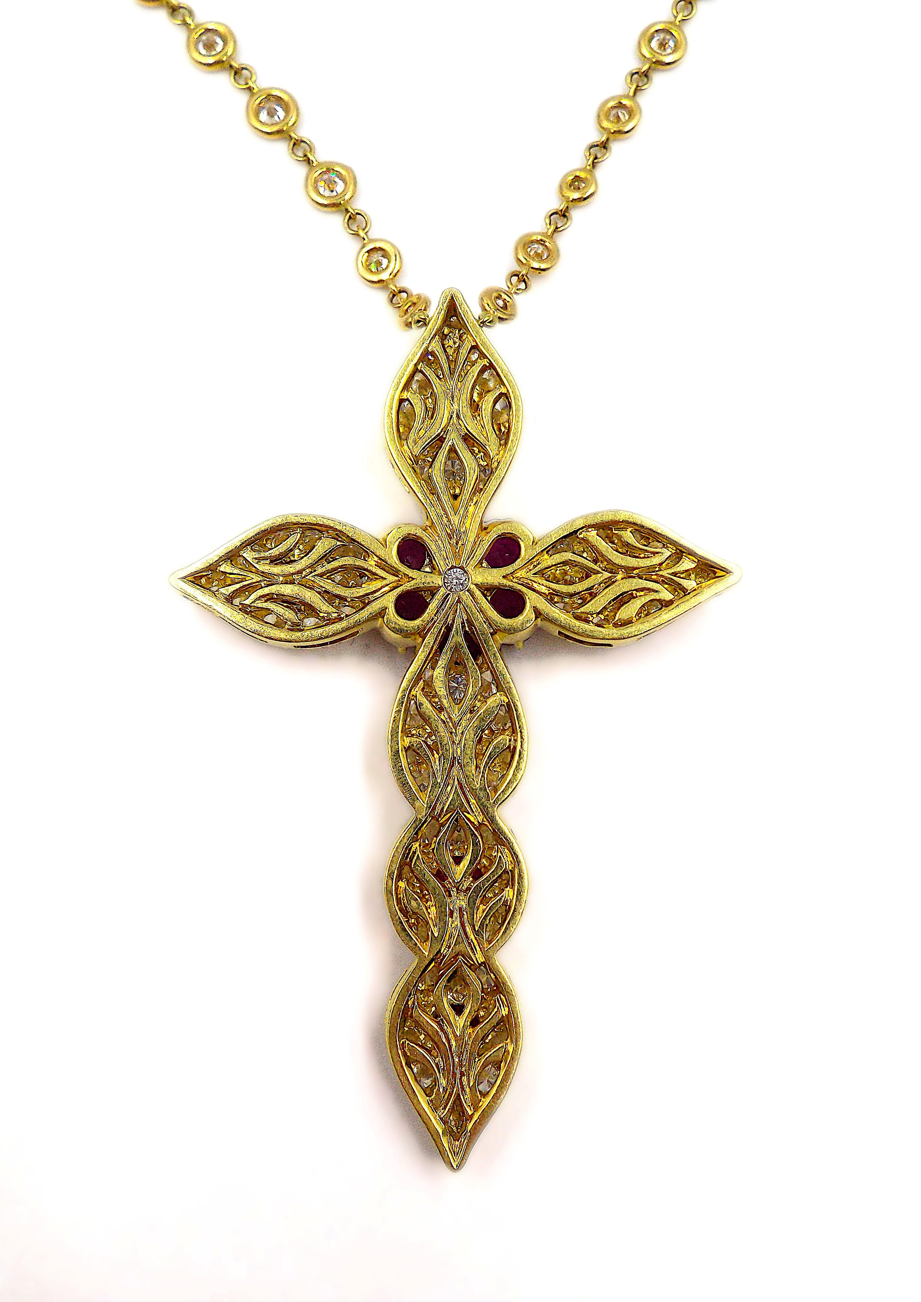 Women's 18K Yellow Gold Burma Ruby Diamond Chain Cross Pendant Necklace