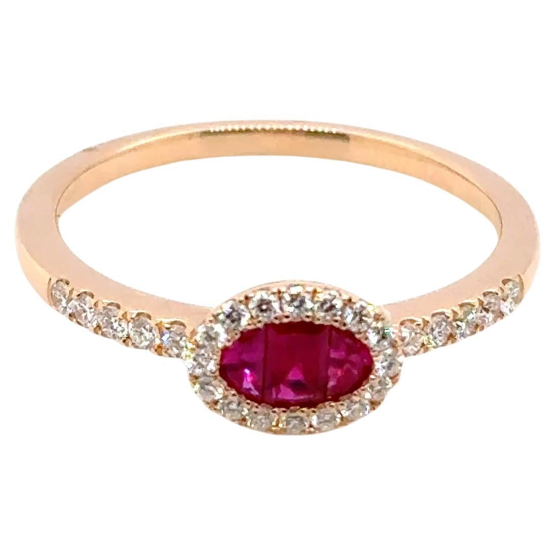 18k Yellow Gold Burmese Ruby Baguette Cts 0.42 and Diamond Halo Engagement Ring