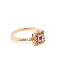 18k Yellow Gold Burmese Ruby Cts 0.09 Round Diamond Halo Baguette Diamond Ring