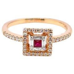 18k Yellow Gold Burmese Ruby Cts 0.09 Round Diamond Halo Baguette Diamond Ring