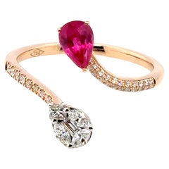 18k Yellow Gold Burmese Ruby Pear Cts 0.64 and Diamond Halo Engagement Ring