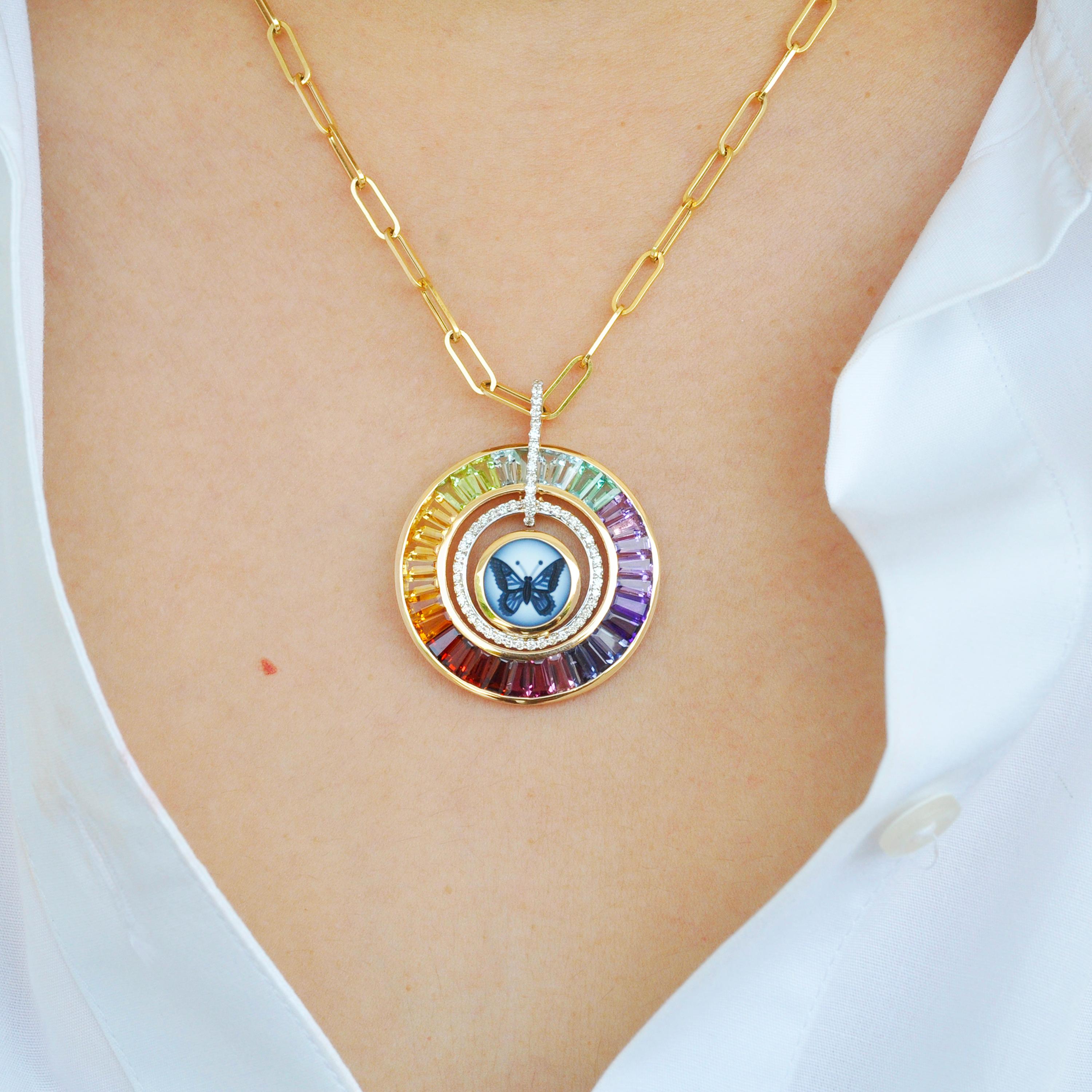 18 karat yellow gold butterfly intaglio multicolor rainbow taper baguette circle pendant necklace.

