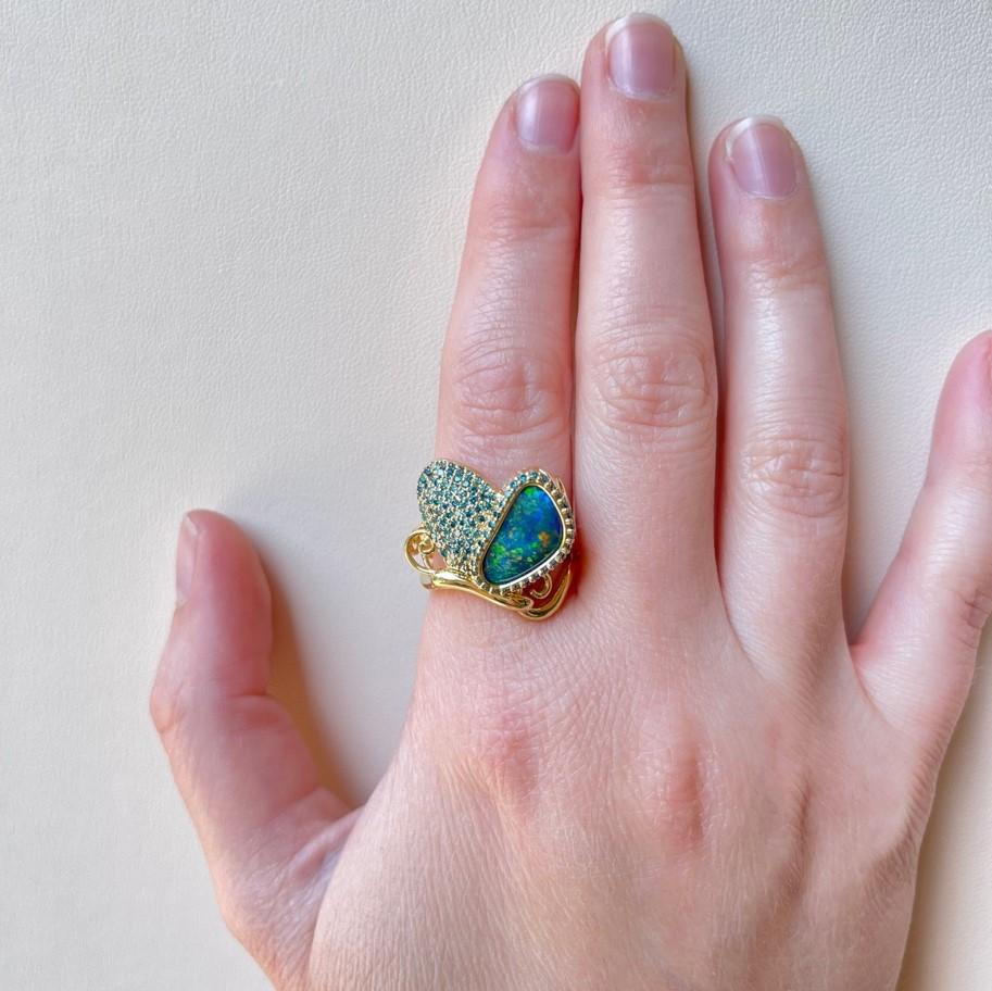 Women's 18k Yellow Gold Butterfly Ring with Black Opal and Teal Blue Diamonds