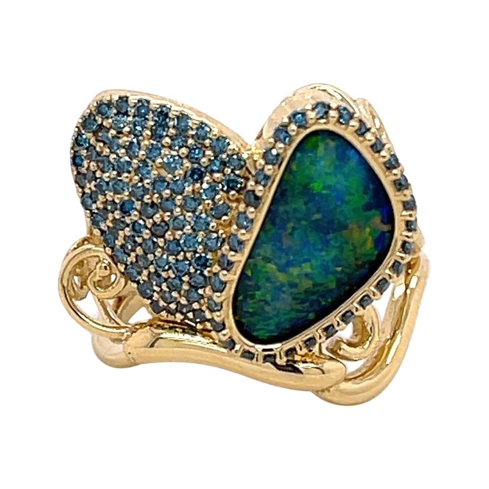 18k Yellow Gold Butterfly Ring with Black Opal and Teal Blue Diamonds