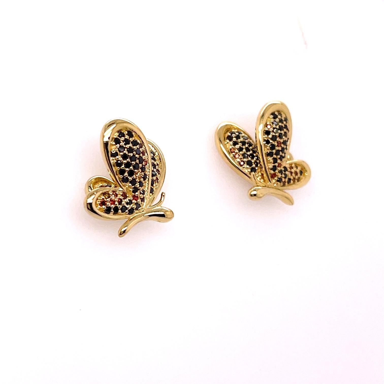 Contemporary 18k Yellow Gold Butterfly Studs with Colored Diamonds and Sapphire Jackets For Sale