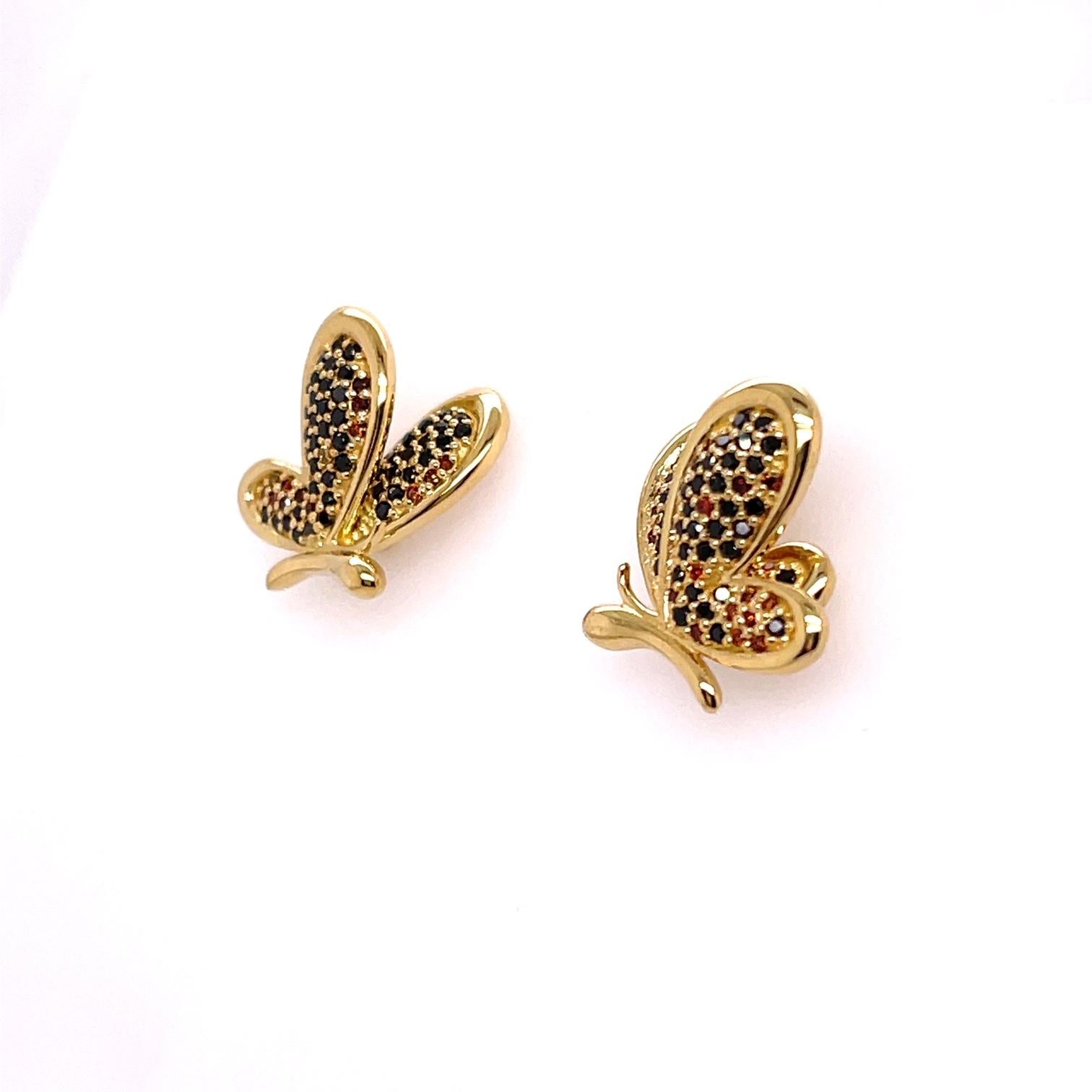 Round Cut 18k Yellow Gold Butterfly Studs with Colored Diamonds and Sapphire Jackets For Sale