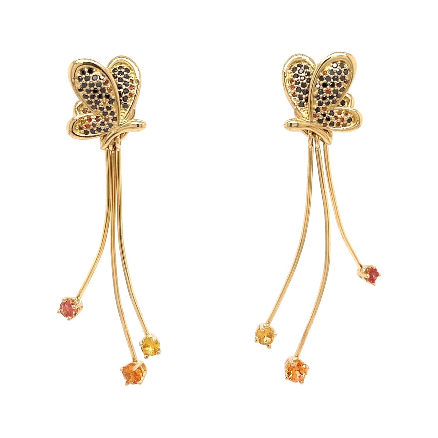 18k Yellow Gold Butterfly Studs with Colored Diamonds and Sapphire Jackets