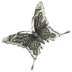 18K Yellow Gold Butterfly Very Large Brooch with Diamonds, Opals & Ruby Eyes