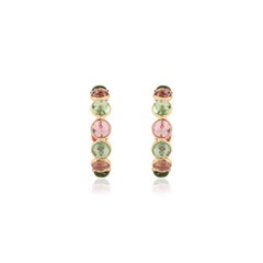 18K Yellow Gold C-Hoop Earrings with 11.45 Ct Multicolor Tourmaline Cabochons