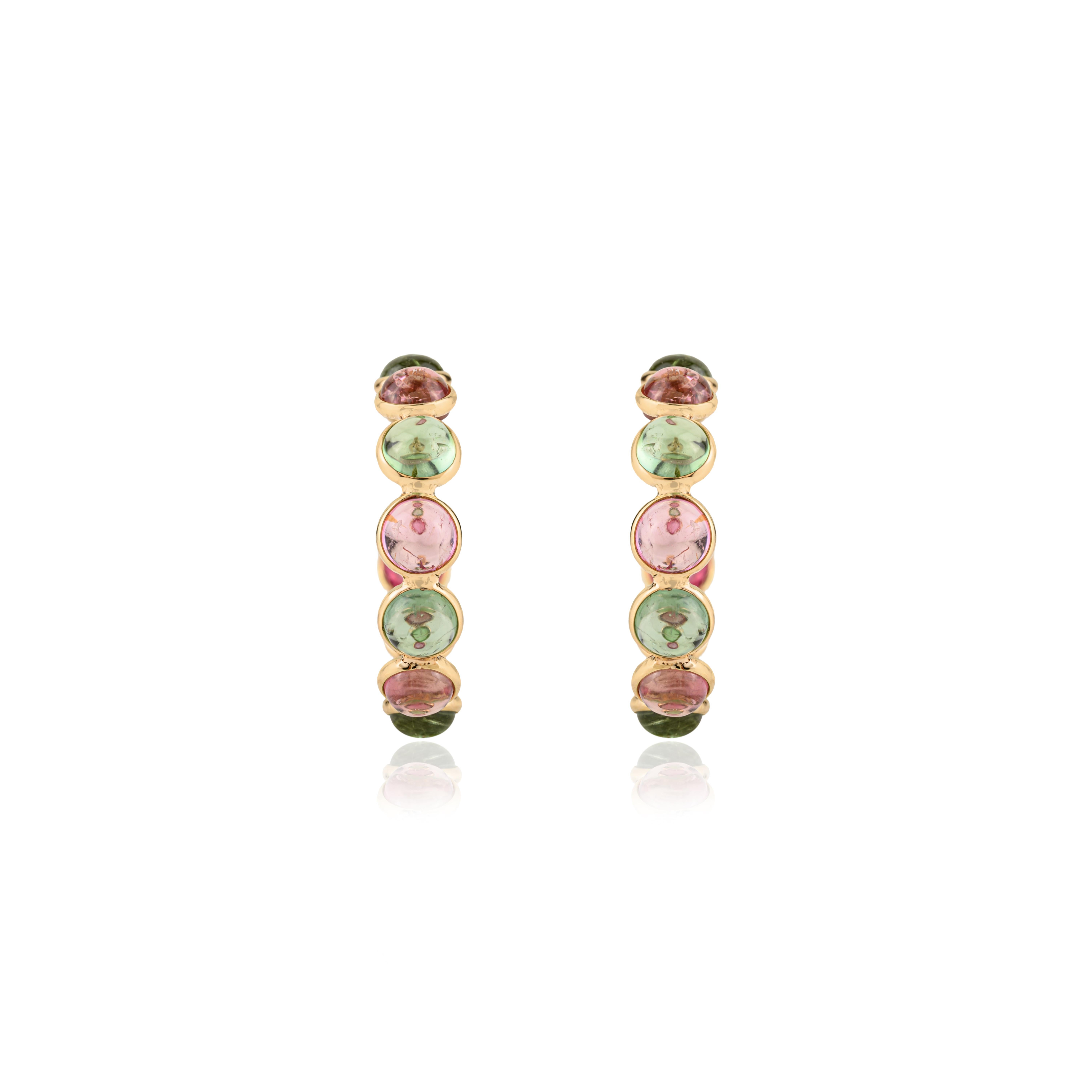 Pendientes de aro en C de oro amarillo de 18 quilates con cabujones de turmalina multicolor de 11,45 quilates en Nuevo estado para la venta en New York, NY