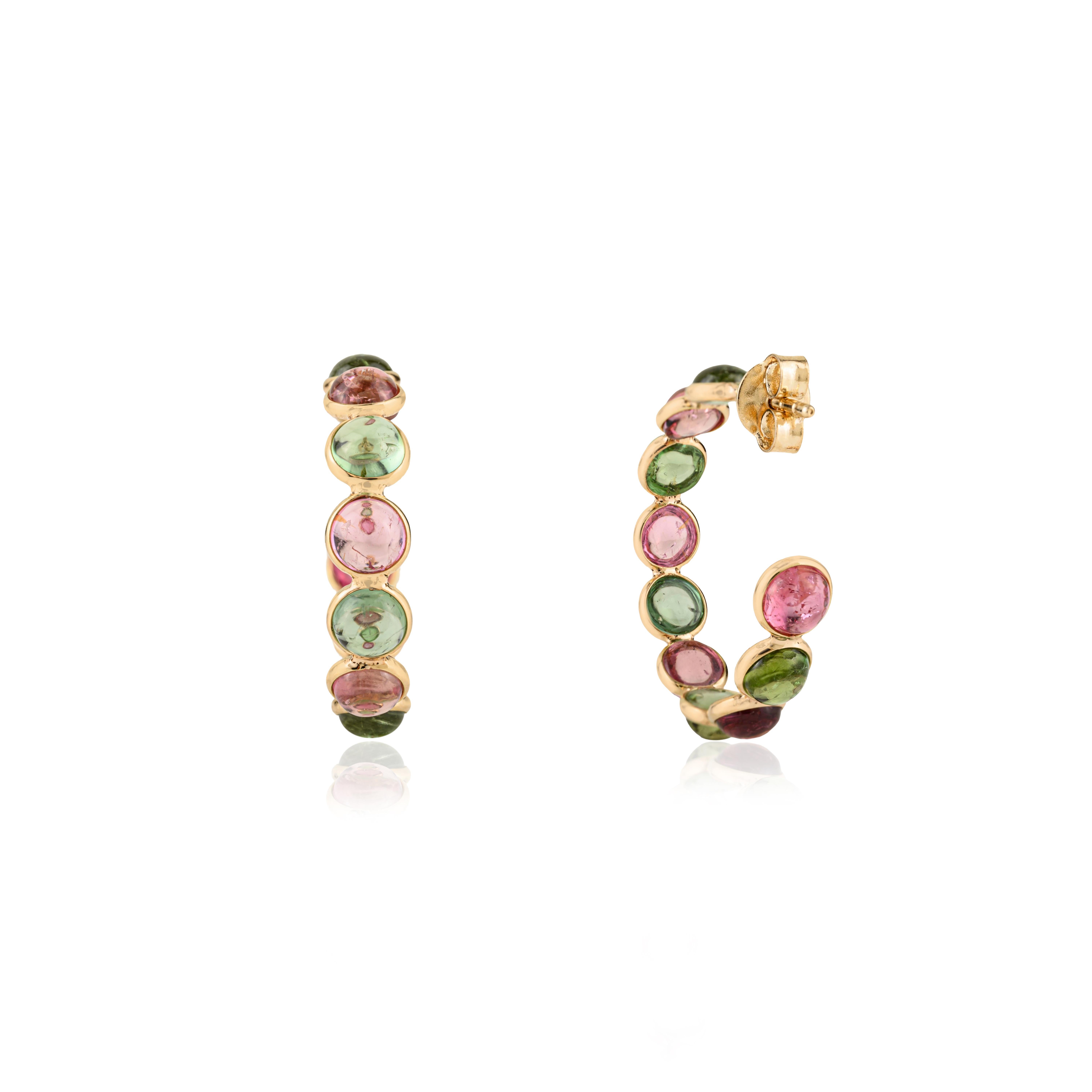 De las mujeres Pendientes de aro en C de oro amarillo de 18 quilates con cabujones de turmalina multicolor de 11,45 quilates en venta