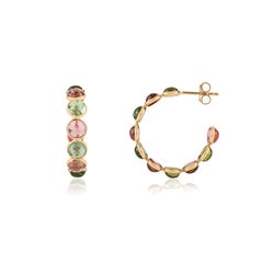 18K Yellow Gold C-Hoop Earrings with 11.45 Ct Multicolor Tourmaline Cabochons