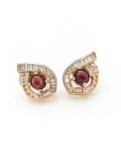 18 Karat Yellow Gold Cabachon Garnet and Diamond Stud Earrings