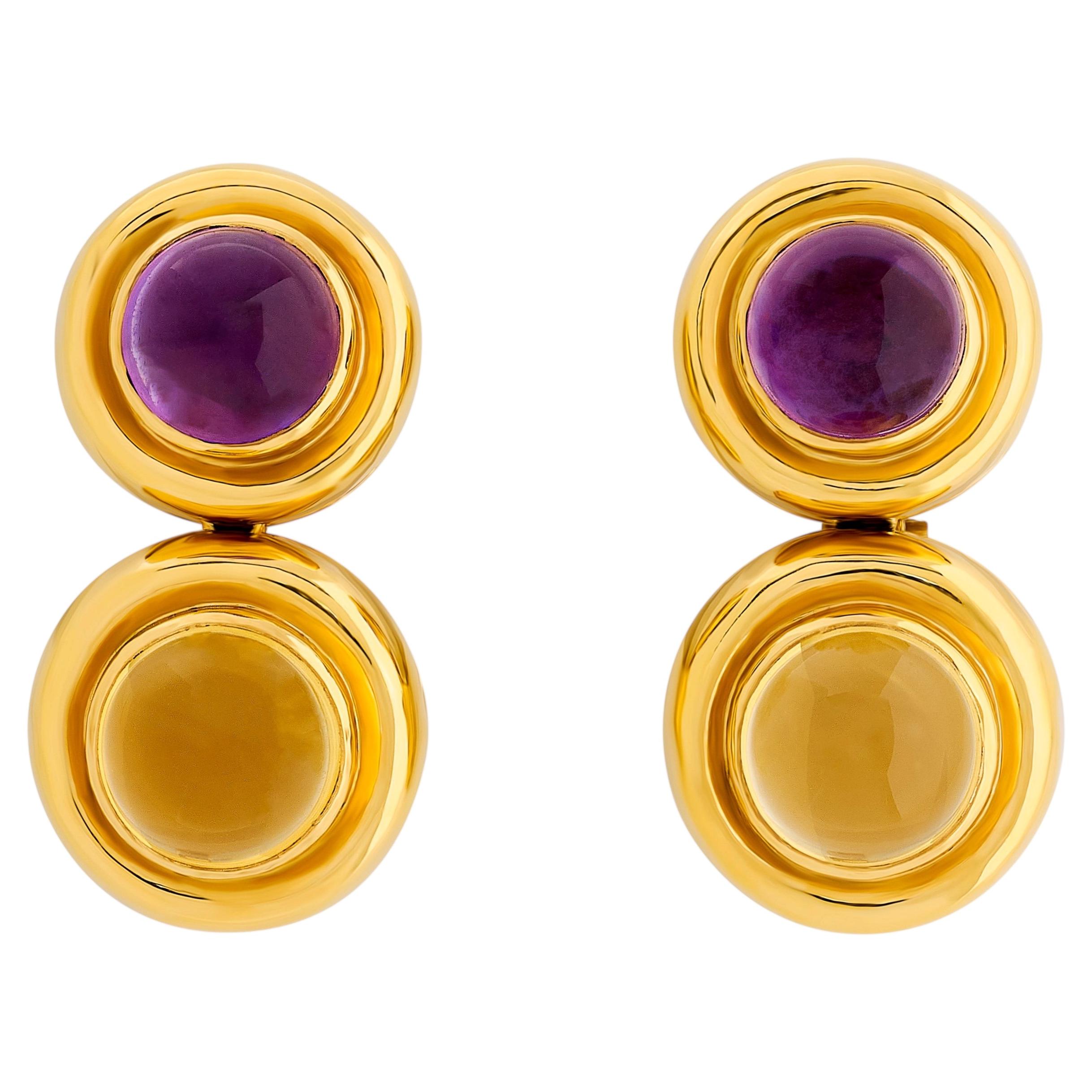 18K Yellow Gold Cabochon Amethyst and Citrine Dangle Earrings