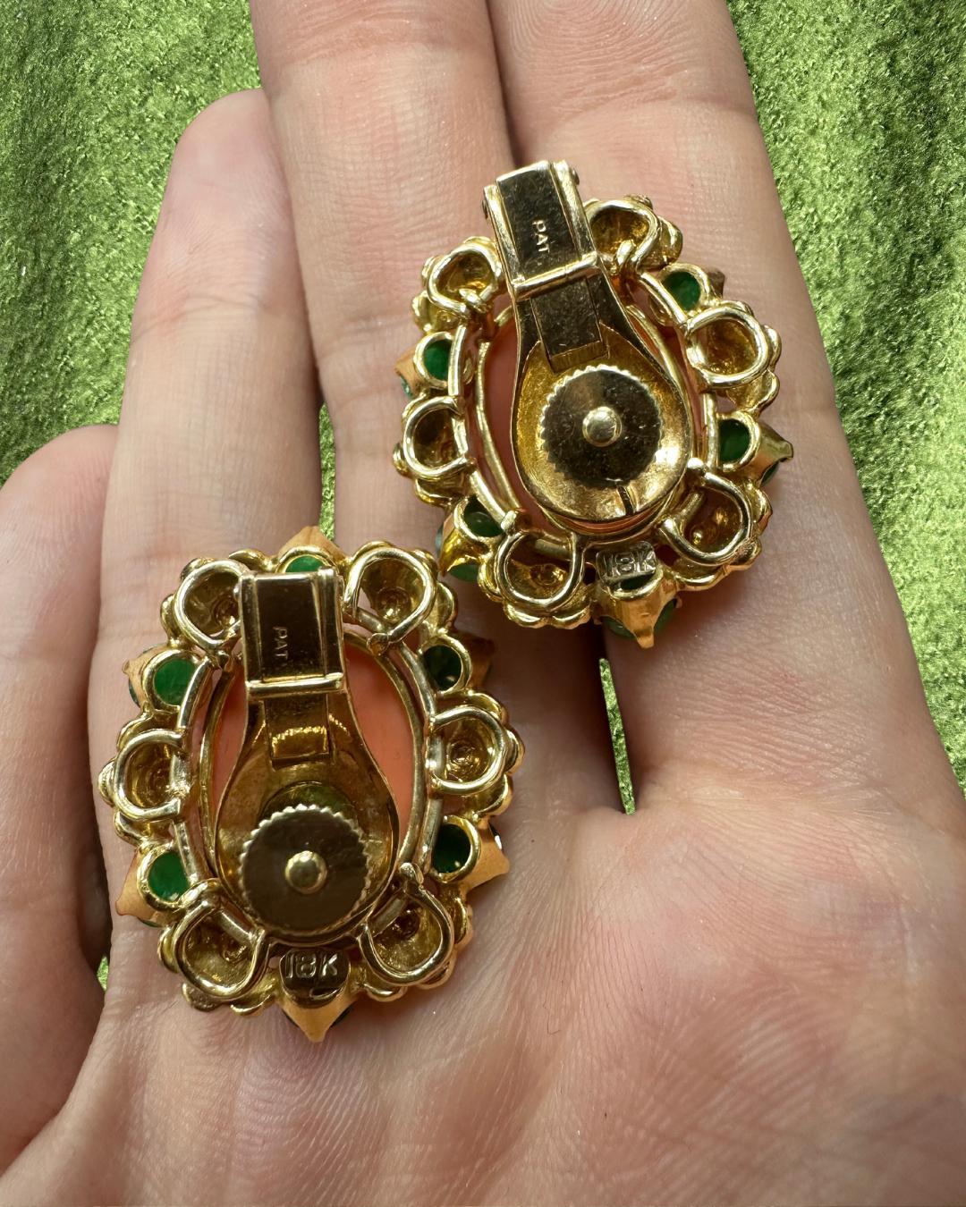 18k Yellow Gold Cabochon Coral and Emerald Earrings For Sale 2
