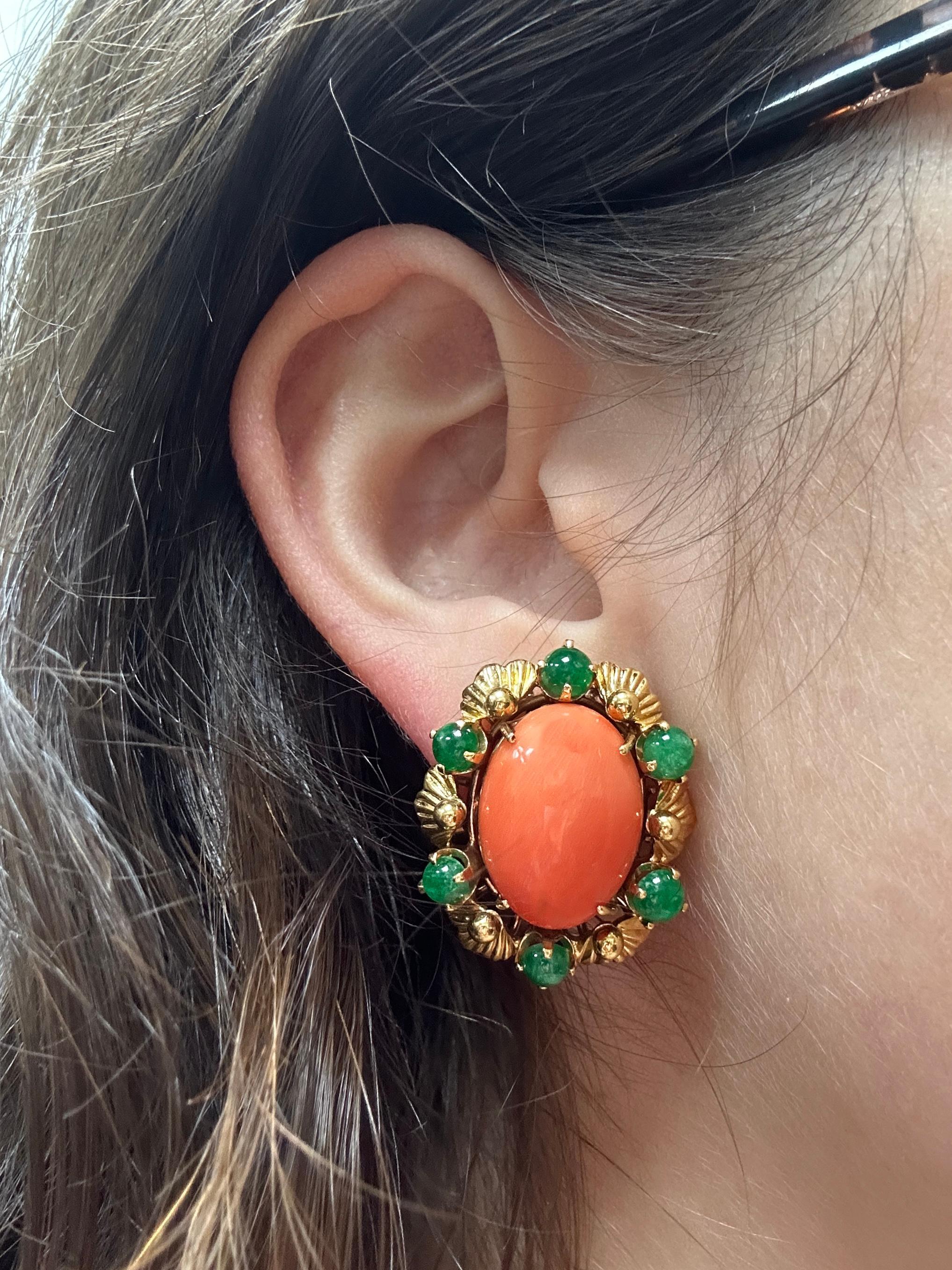 18k Yellow Gold Cabochon Coral and Emerald Earrings For Sale 3