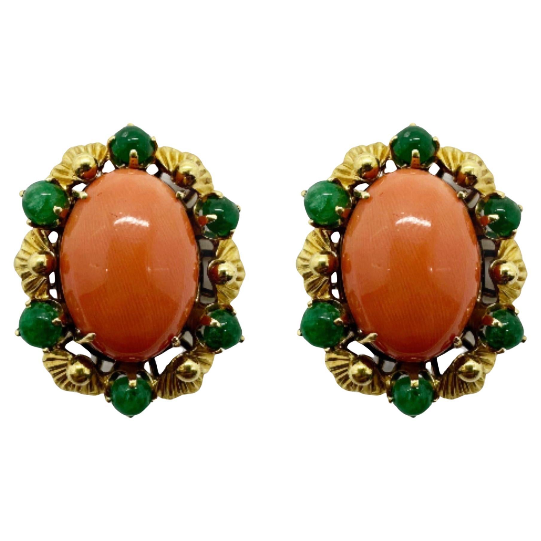 18k Yellow Gold Cabochon Coral and Emerald Earrings For Sale