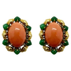 Vintage 18k Yellow Gold Cabochon Coral and Emerald Earrings