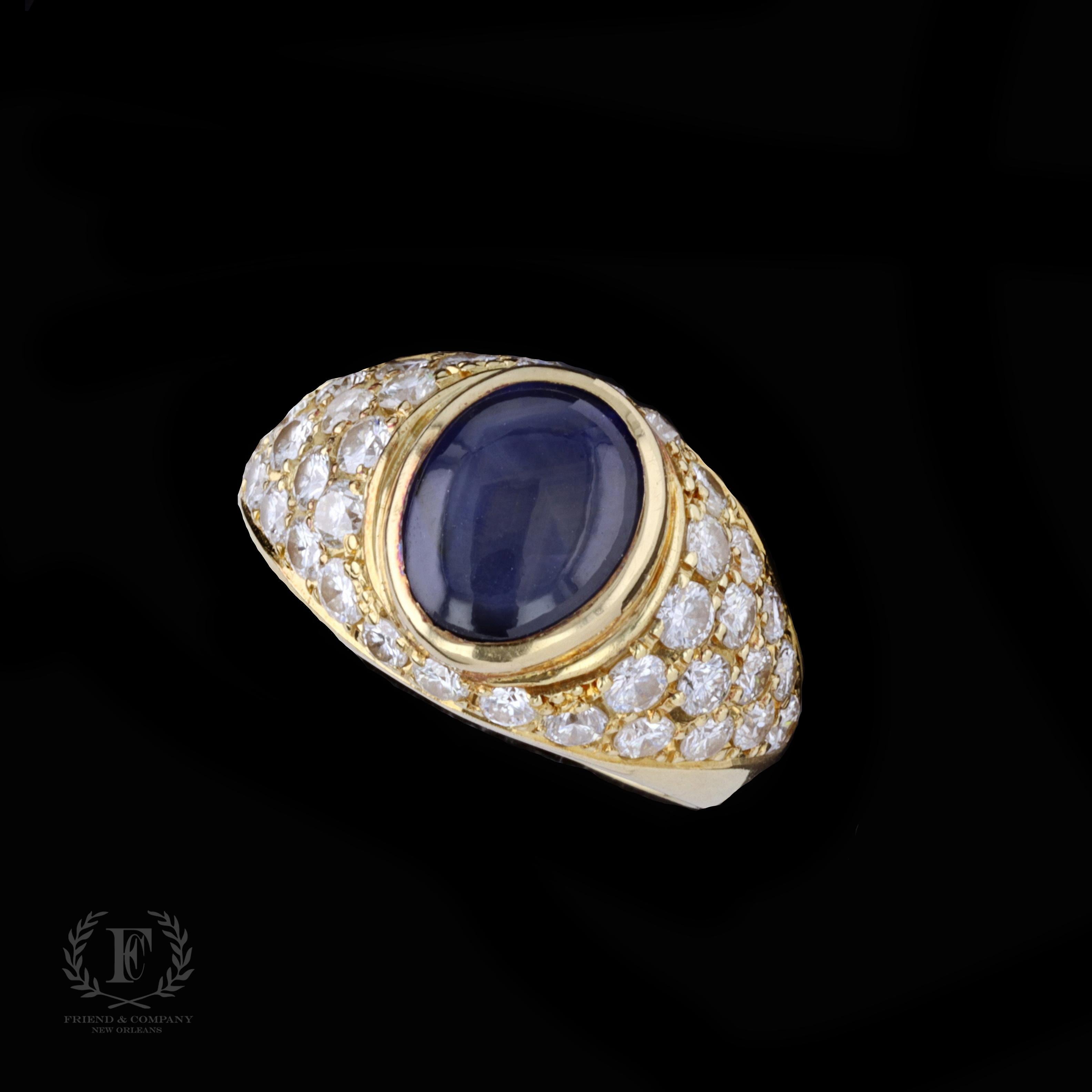 Retro 18k Yellow Gold Cabochon Cut Blue Sapphire and Diamond Ring For Sale