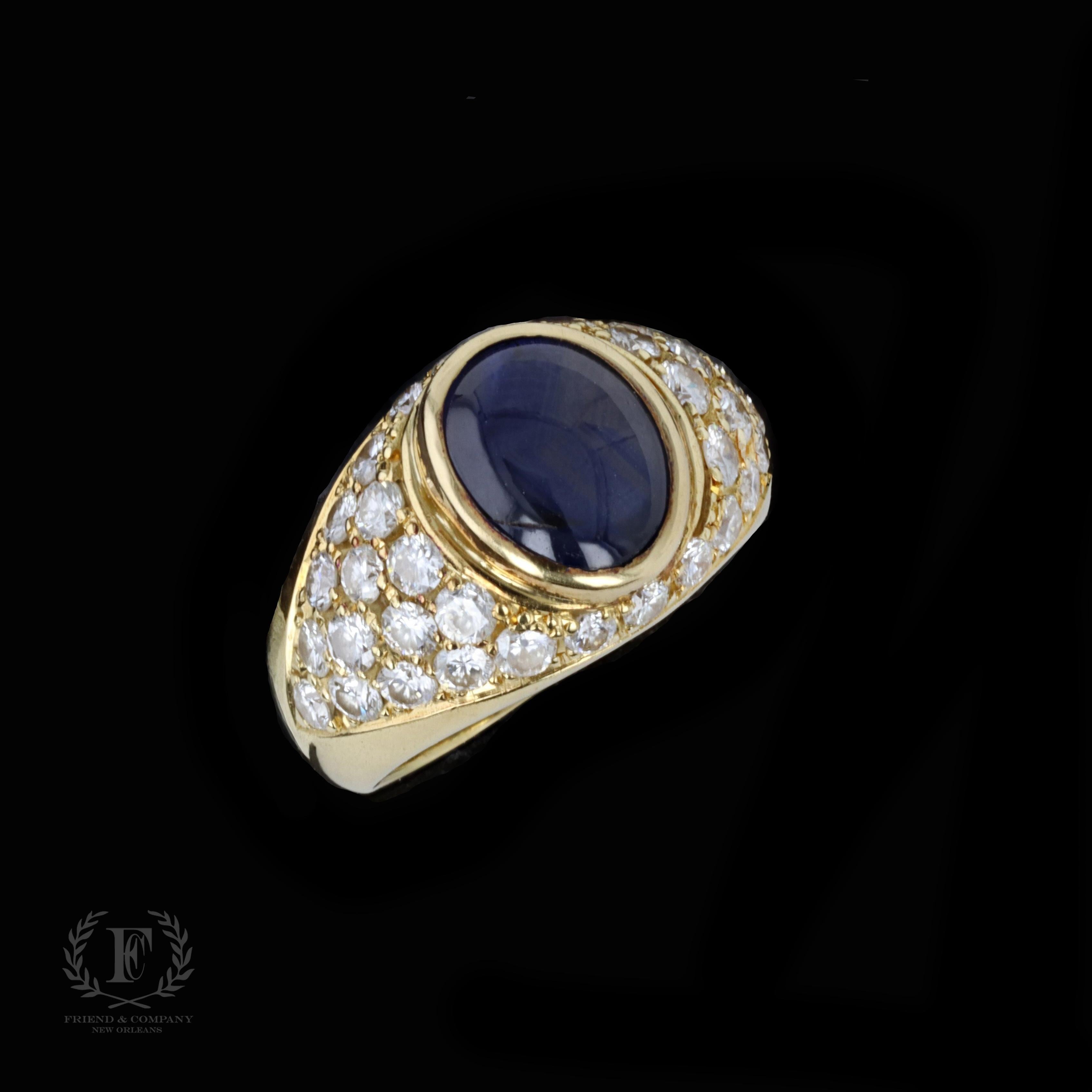 18k Yellow Gold Cabochon Cut Blue Sapphire and Diamond Ring In Excellent Condition For Sale In NEW ORLEANS, LA