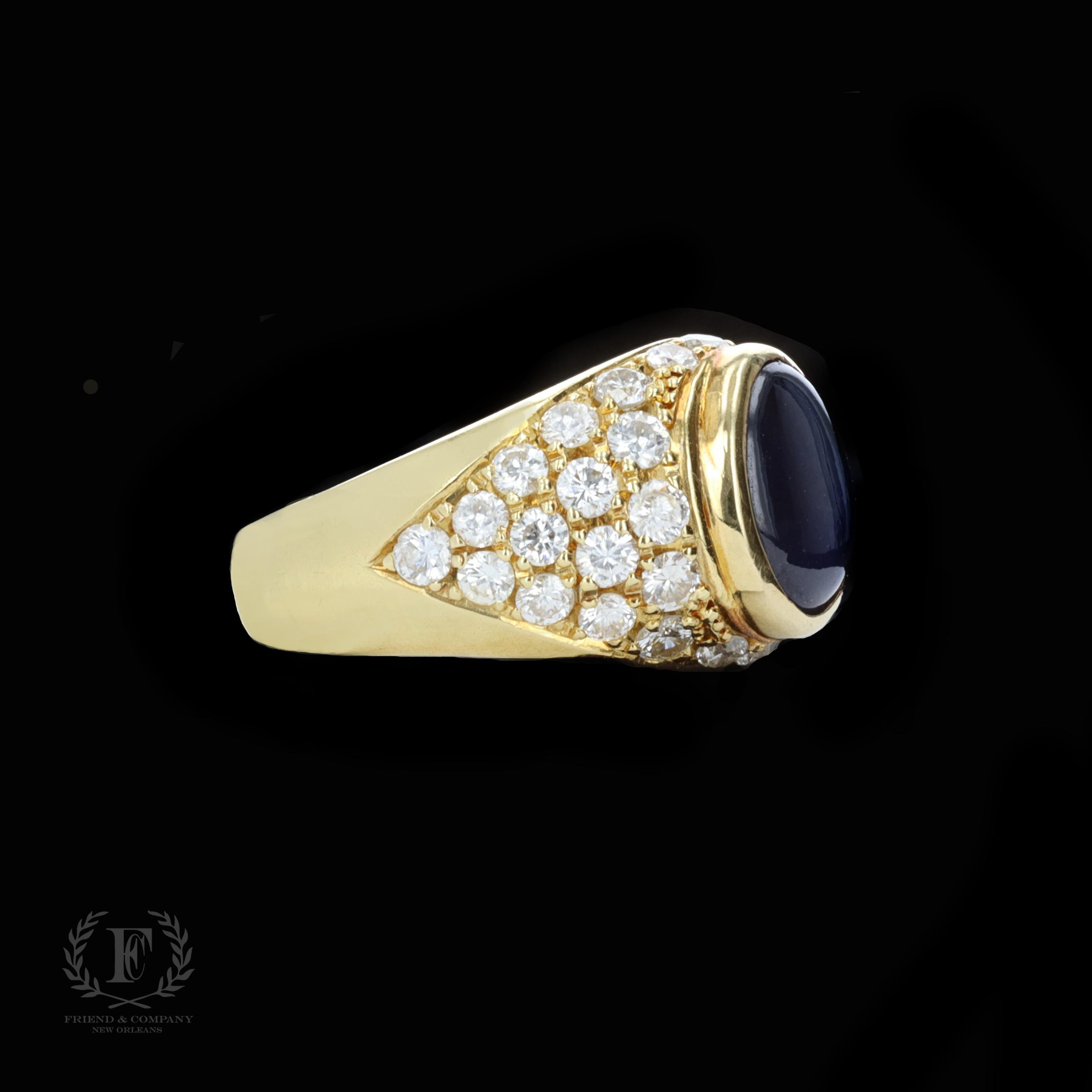 18k Yellow Gold Cabochon Cut Blue Sapphire and Diamond Ring For Sale 1