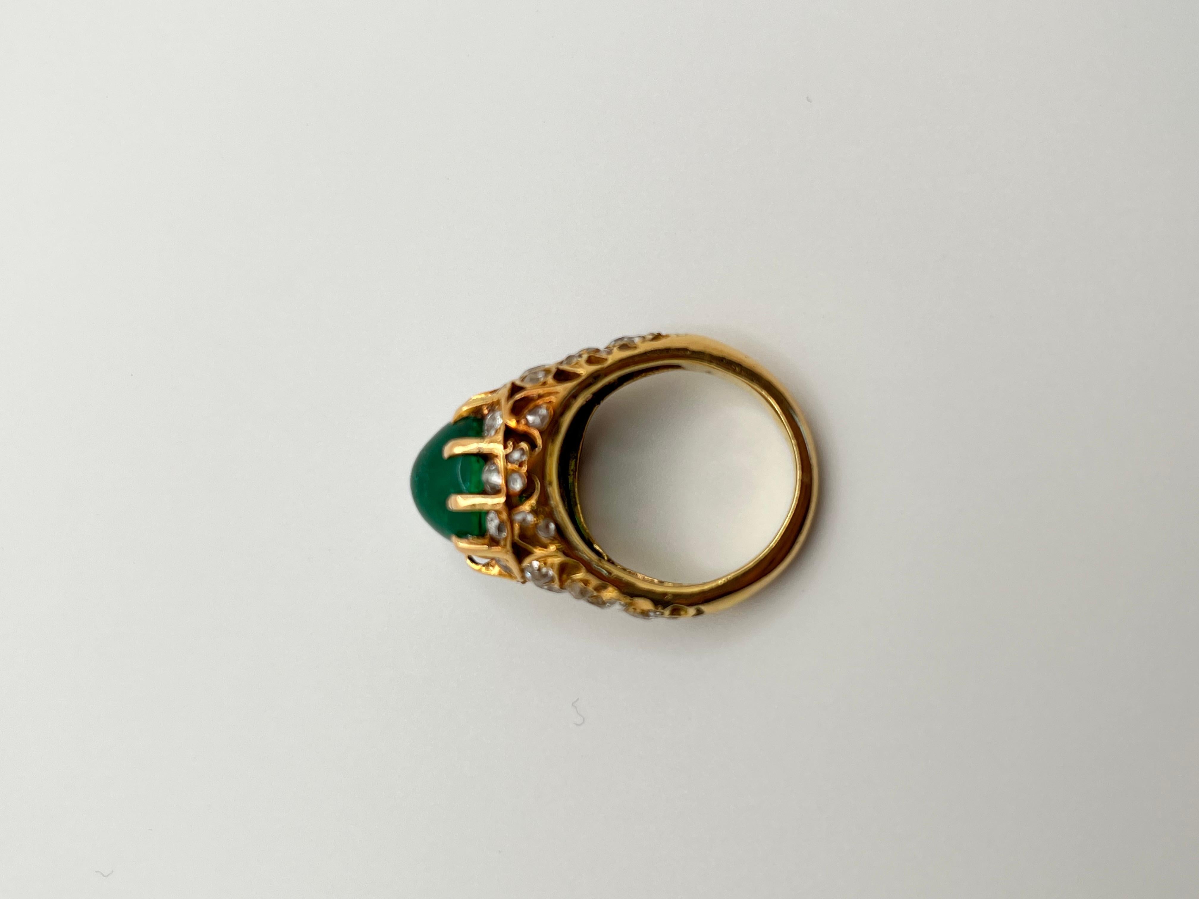 18k Yellow Gold Cabochon Emerald and Diamond Ring, French, Vintage, circa 1940s For Sale 6