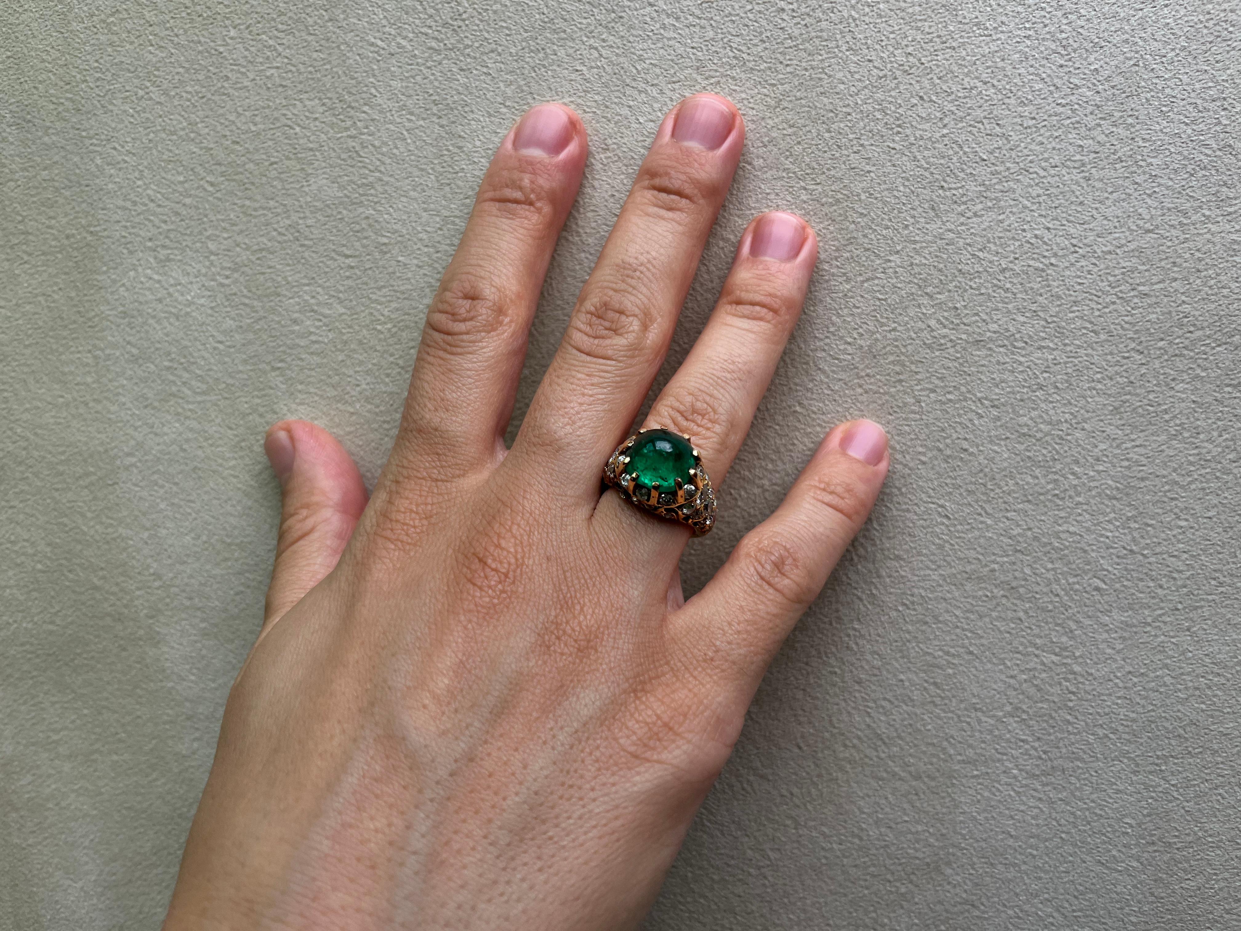 18k Yellow Gold Cabochon Emerald and Diamond Ring, French, Vintage, circa 1940s For Sale 9