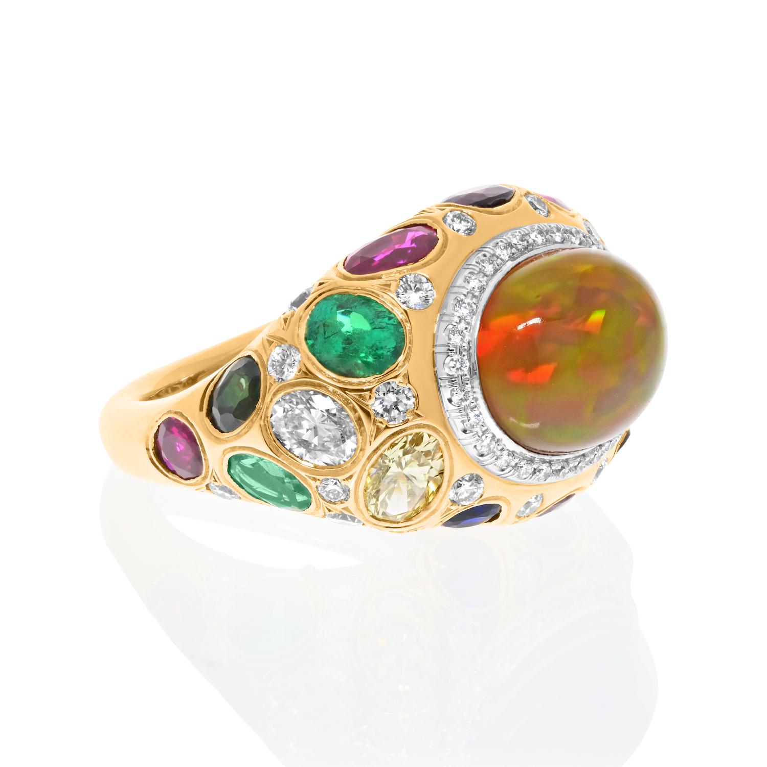 Contemporary 18K Yellow Gold Cabochon Fire Opal, Gemstone And Diamond Bombe Cocktail Ring For Sale