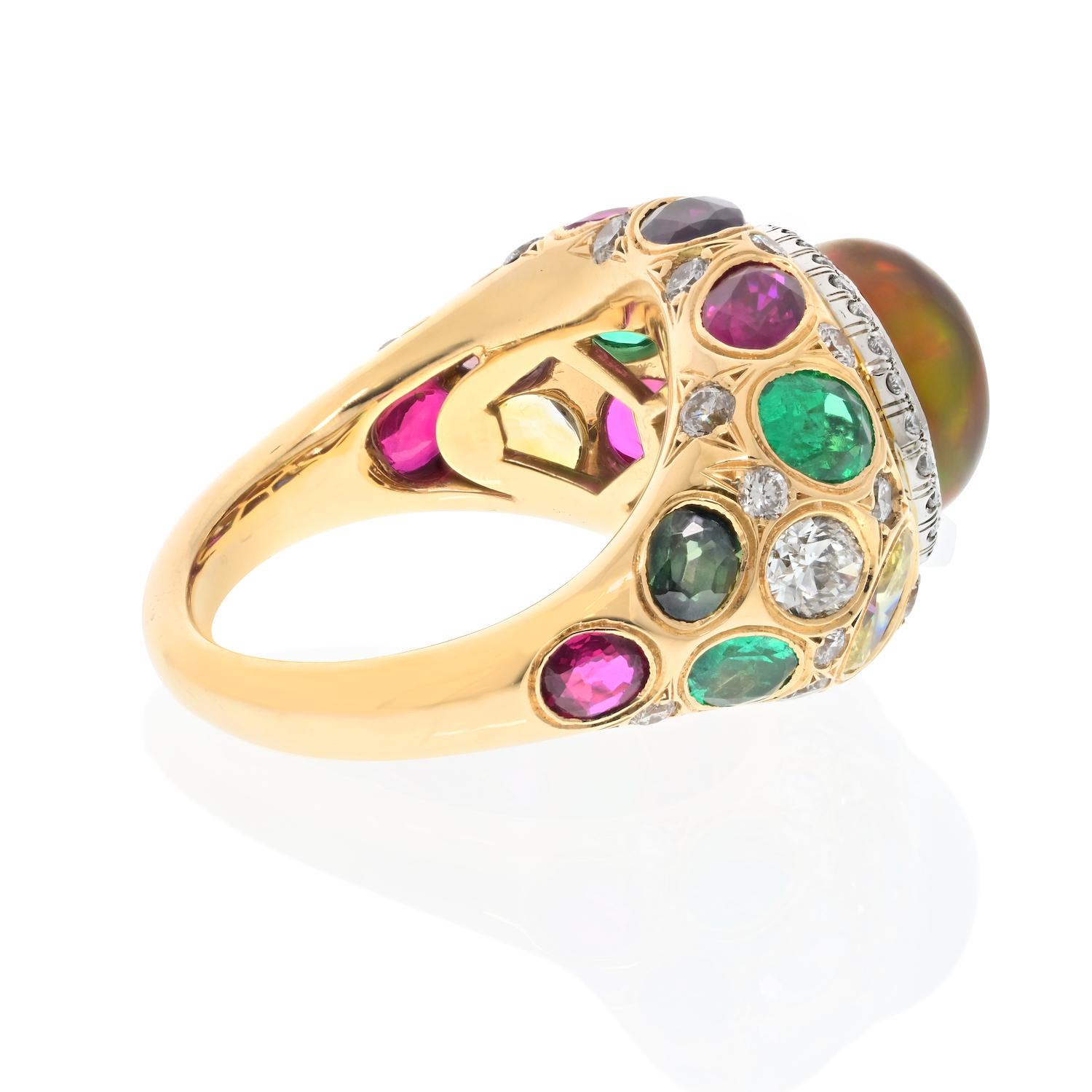 18K Yellow Gold Cabochon Fire Opal, Gemstone And Diamond Bombe Cocktail Ring In New Condition For Sale In New York, NY