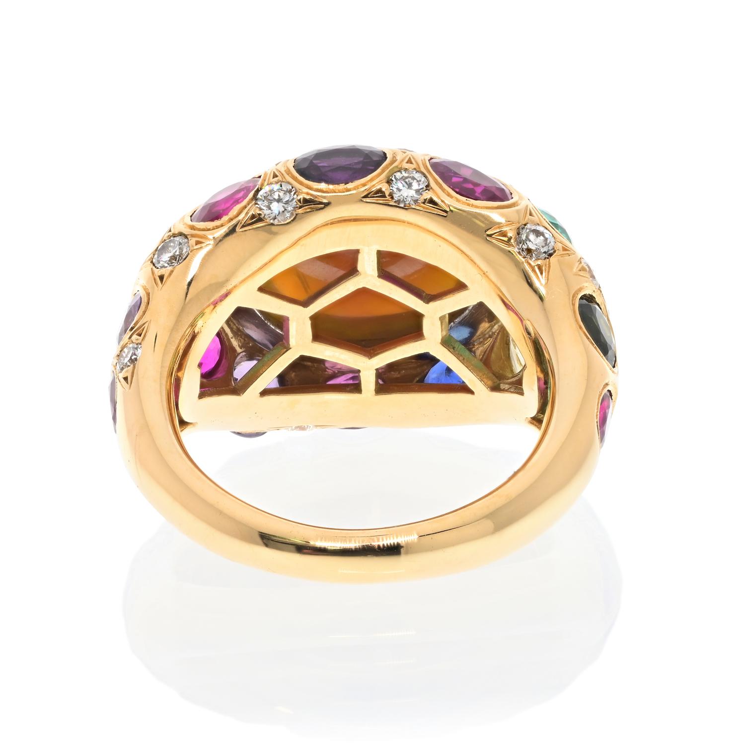 Women's 18K Yellow Gold Cabochon Fire Opal, Gemstone And Diamond Bombe Cocktail Ring For Sale