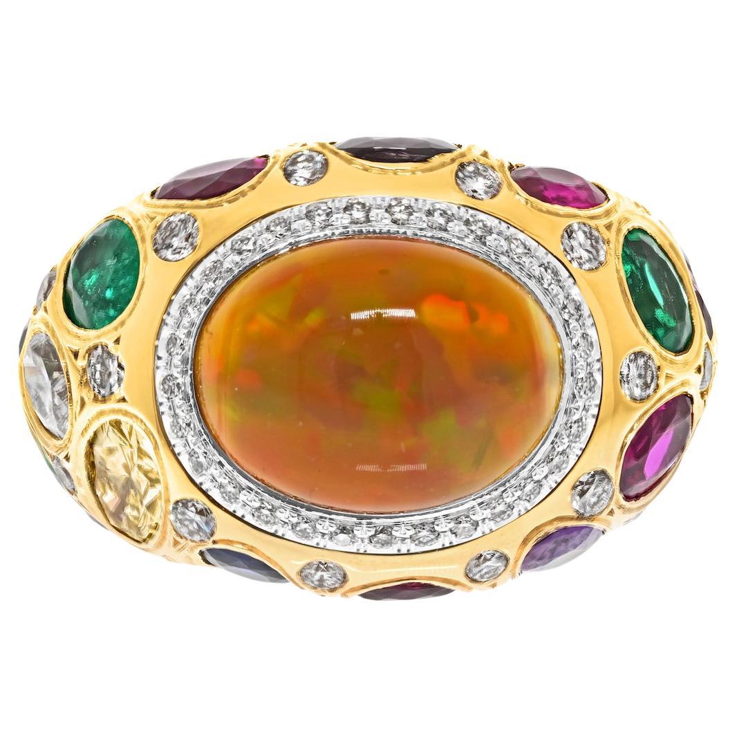 18K Yellow Gold Cabochon Fire Opal, Gemstone And Diamond Bombe Cocktail Ring For Sale