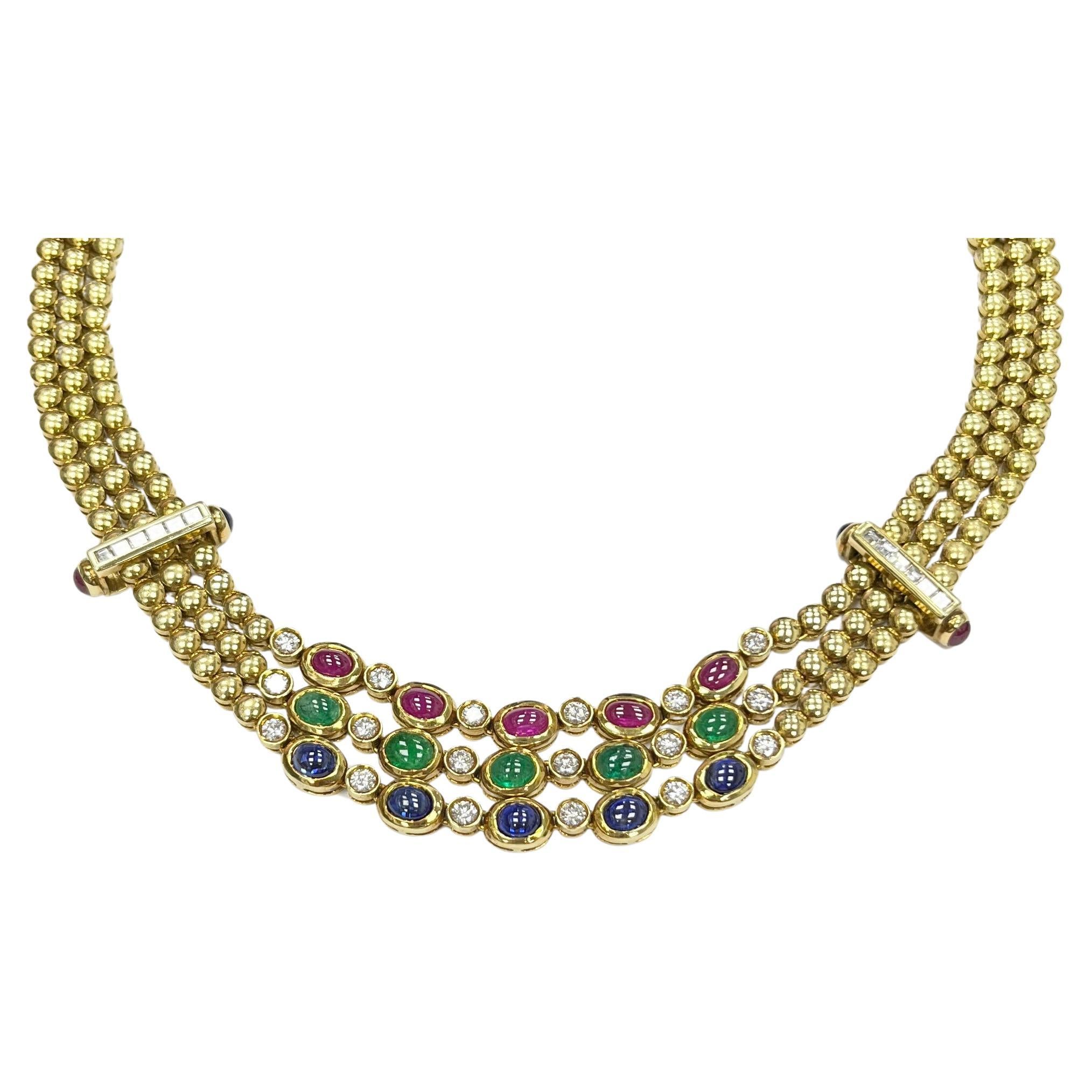 18K Yellow Gold Cabochon Multi Gemstone Diamond Necklace
