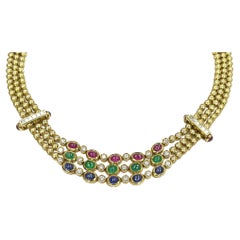 18 Karat Gelbgold Cabochon-Halskette mit mehreren Edelsteinen und Diamanten