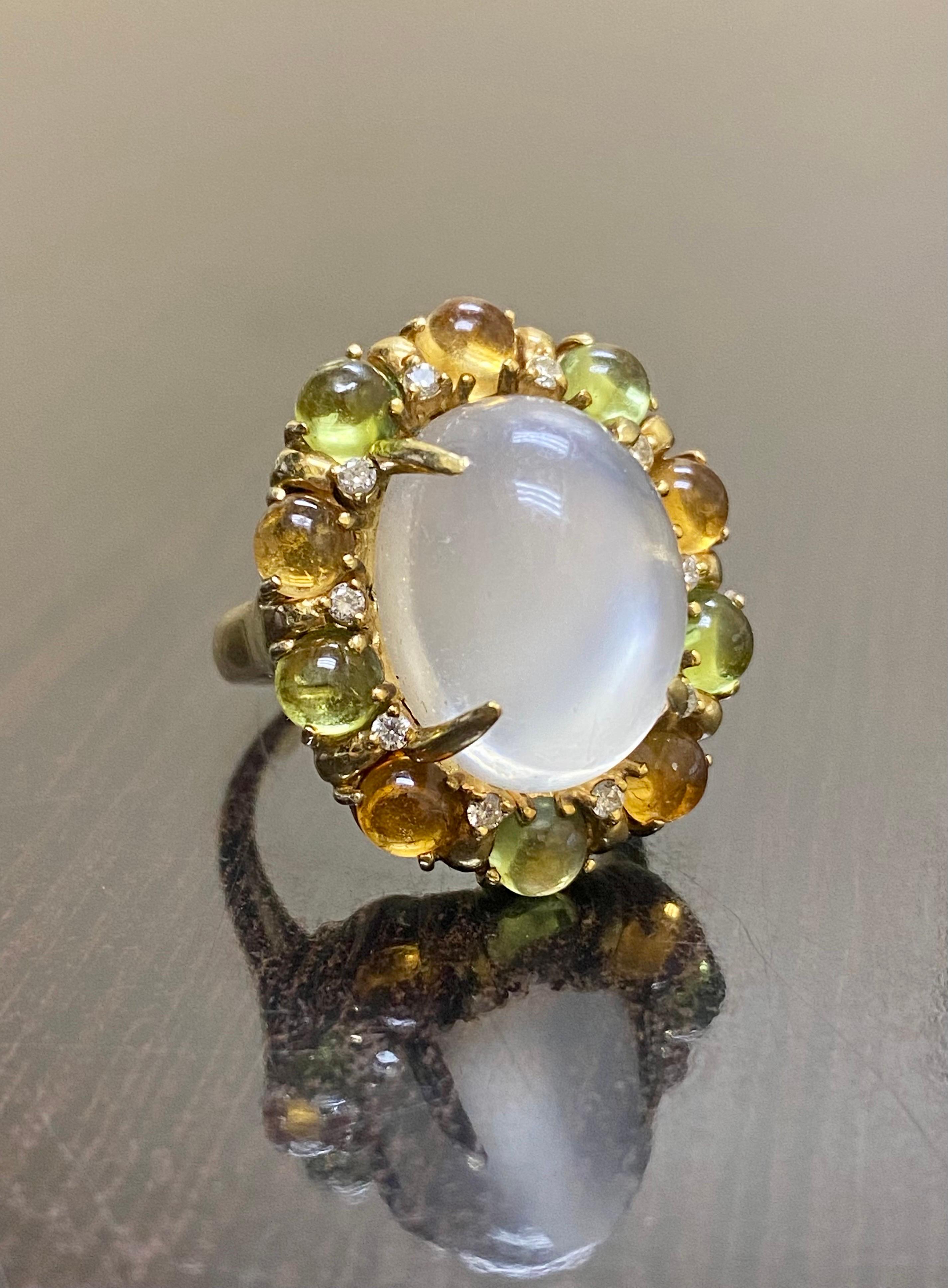 18K Yellow Gold Cabochon Peridot and Citrine Diamond Moonstone Engagement Ring For Sale 5