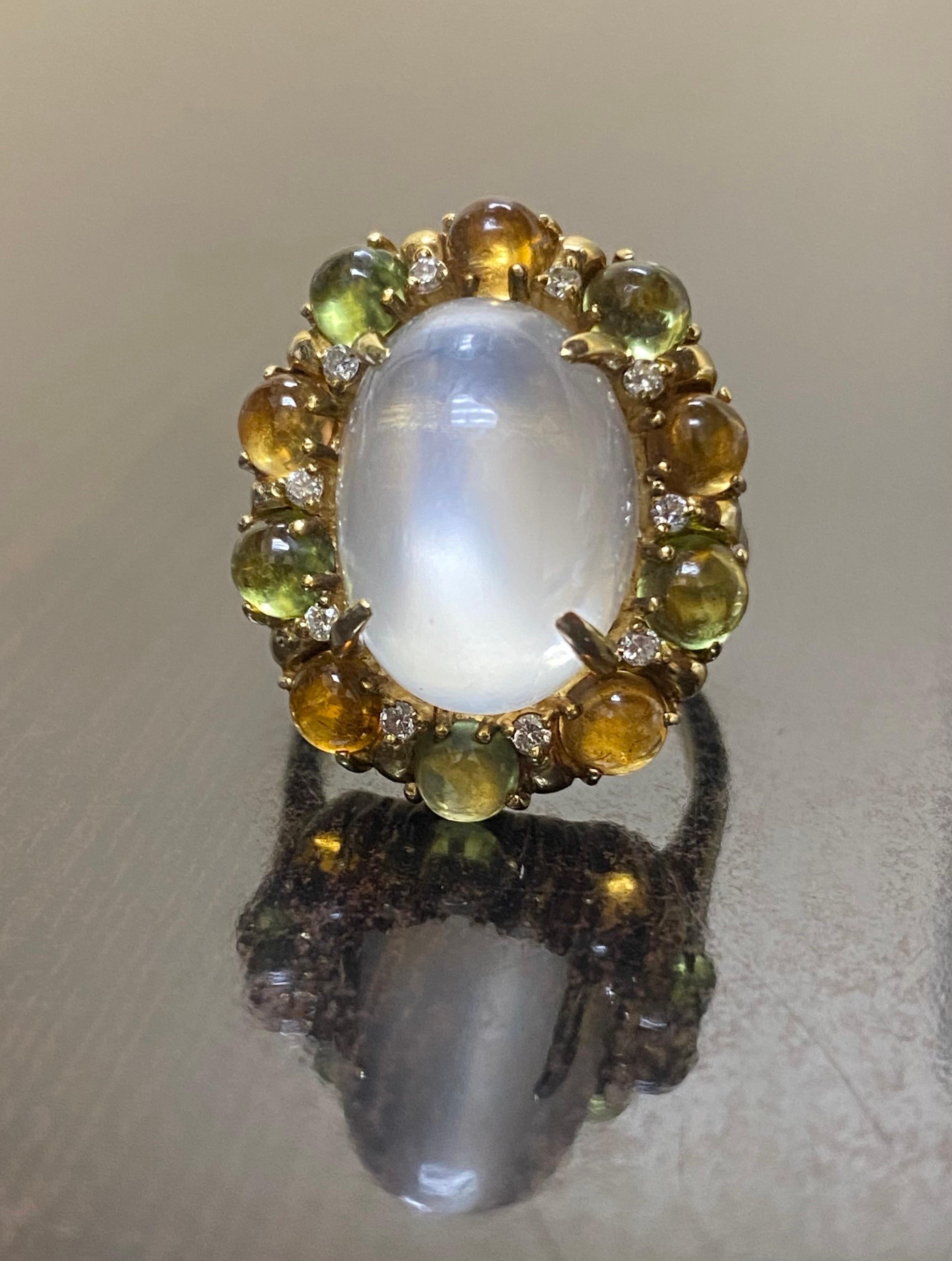 18K Yellow Gold Cabochon Peridot and Citrine Diamond Moonstone Engagement Ring For Sale 6