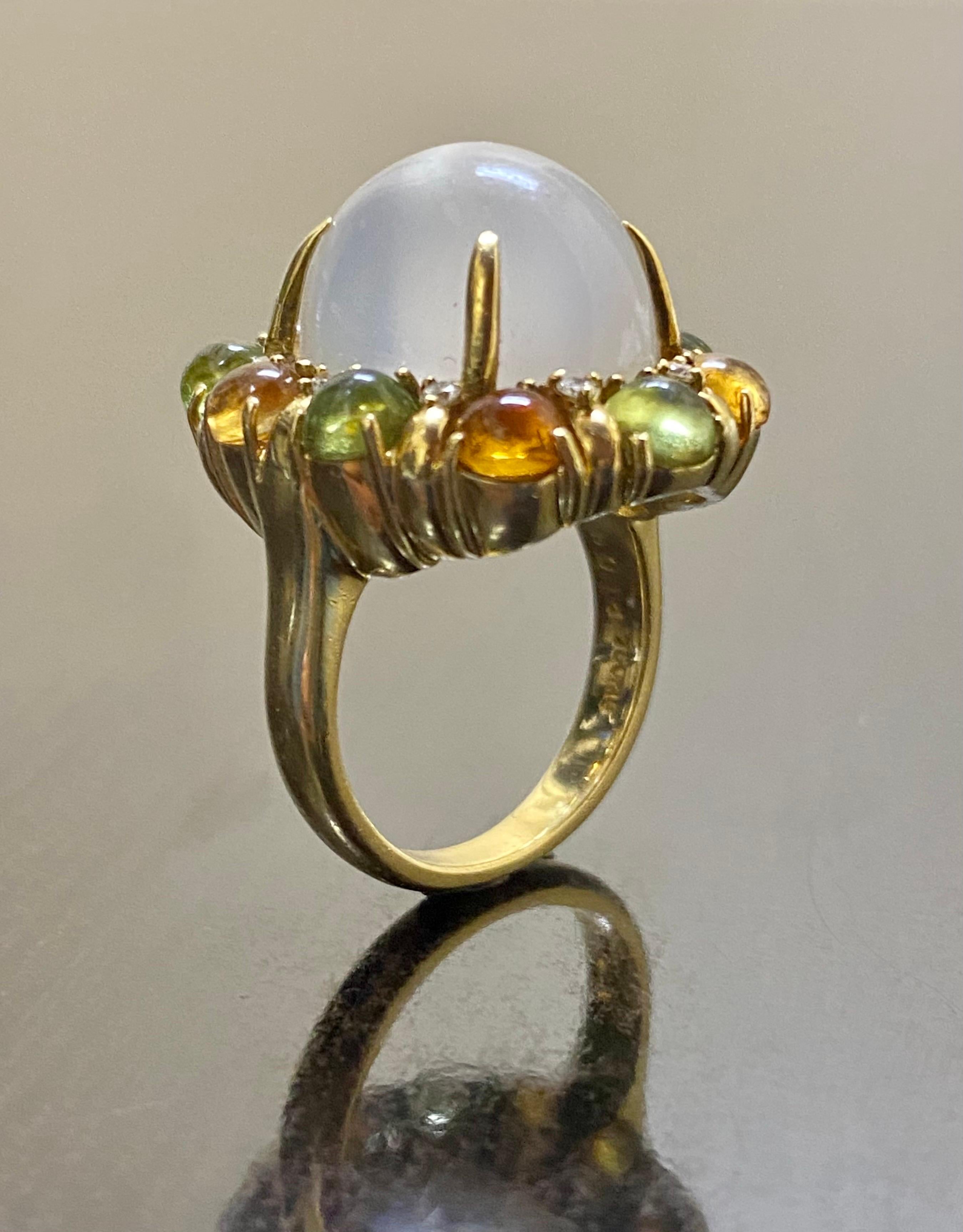 Modernist 18K Yellow Gold Cabochon Peridot and Citrine Diamond Moonstone Engagement Ring