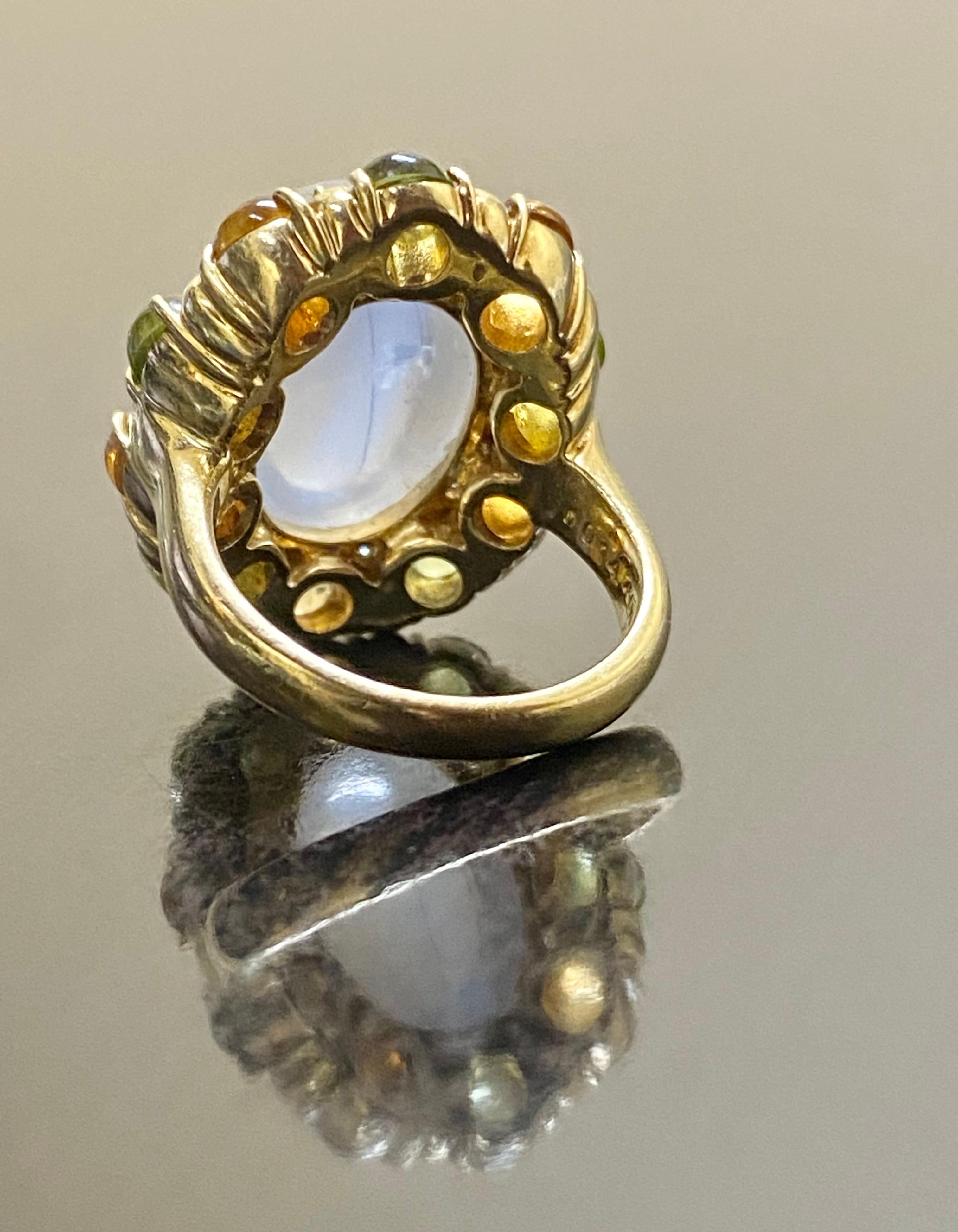 18K Yellow Gold Cabochon Peridot and Citrine Diamond Moonstone Engagement Ring In New Condition For Sale In Los Angeles, CA