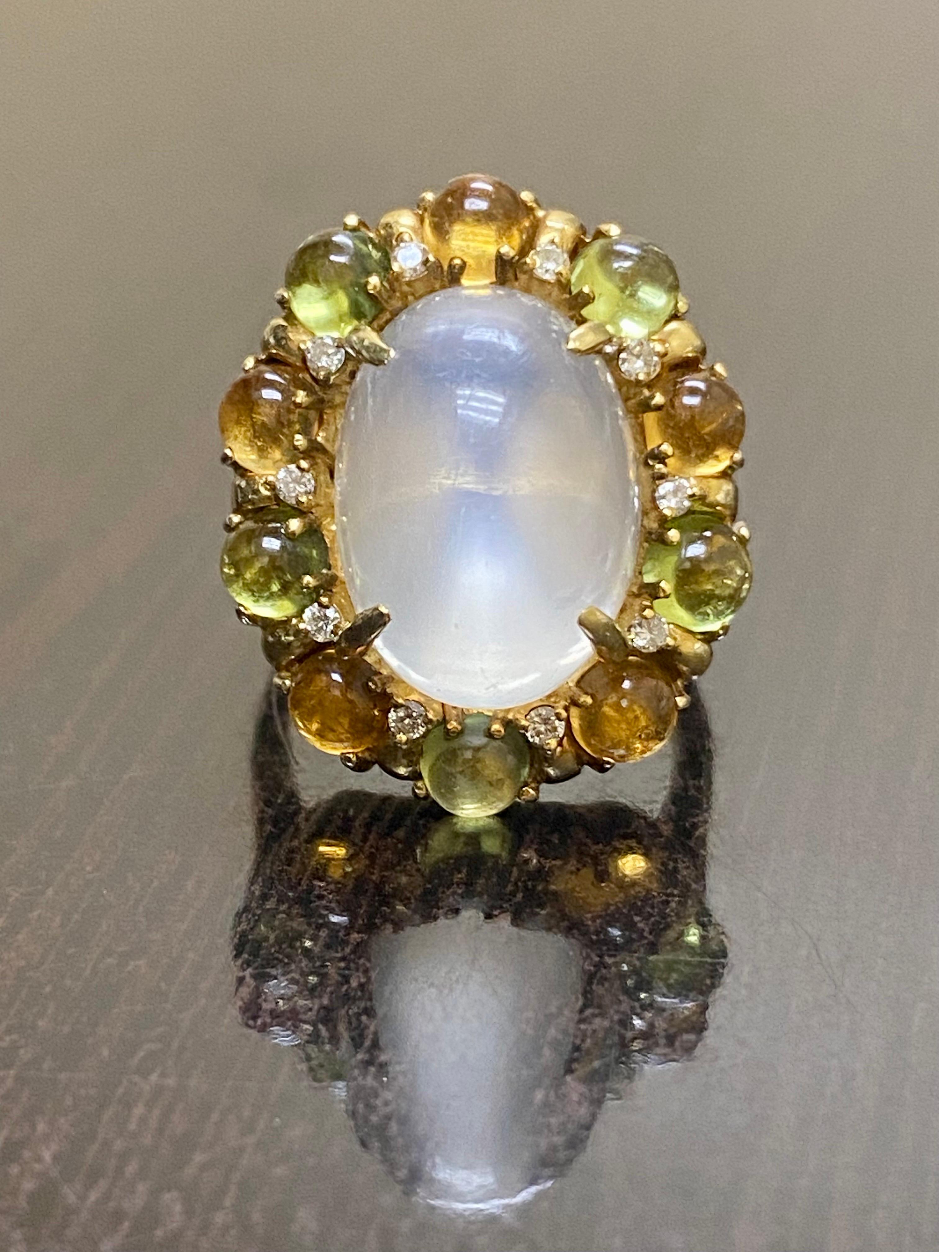Women's 18K Yellow Gold Cabochon Peridot and Citrine Diamond Moonstone Engagement Ring For Sale